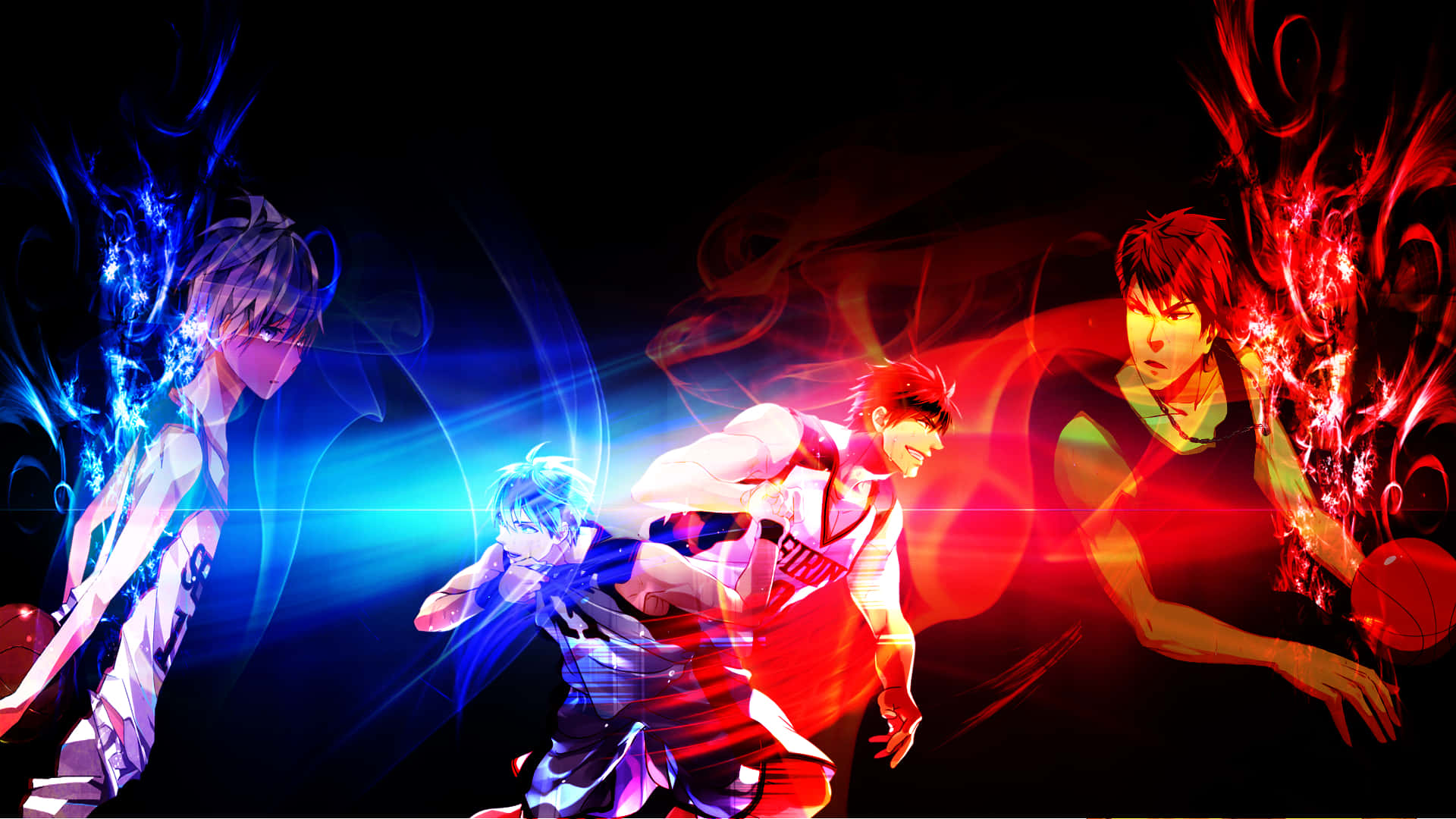 Kuroko No Basket 桌布 壁紙 — 三個動漫籃球運動員以動態姿勢，被電藍色和火紅色的能量效果包圍，背景為黑色。
