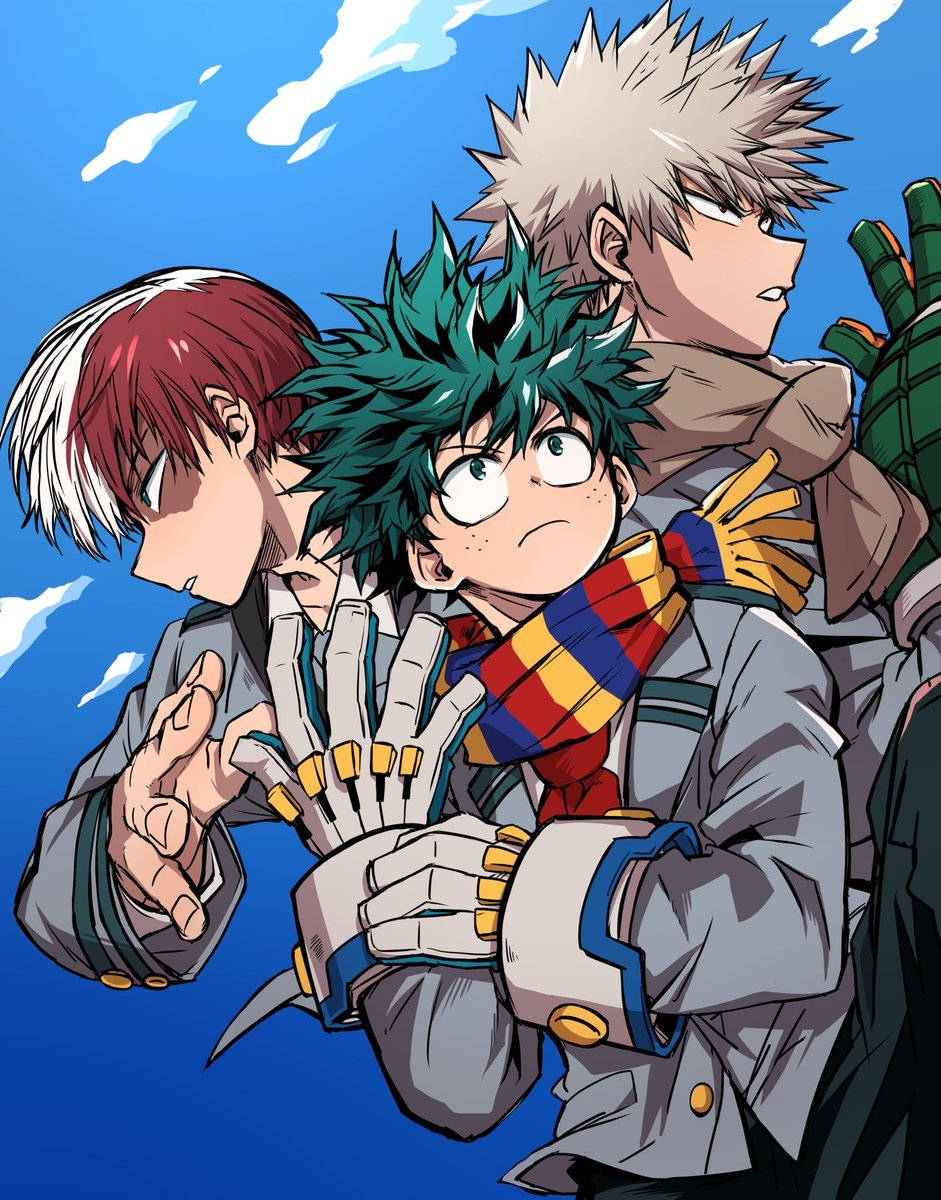 Todobakudeku 桌布 壁紙 — 三個動漫英雄穿著校服，站在有白雲的明亮藍天下，其中一個有綠色尖刺頭髮和圍巾，表情驚訝。