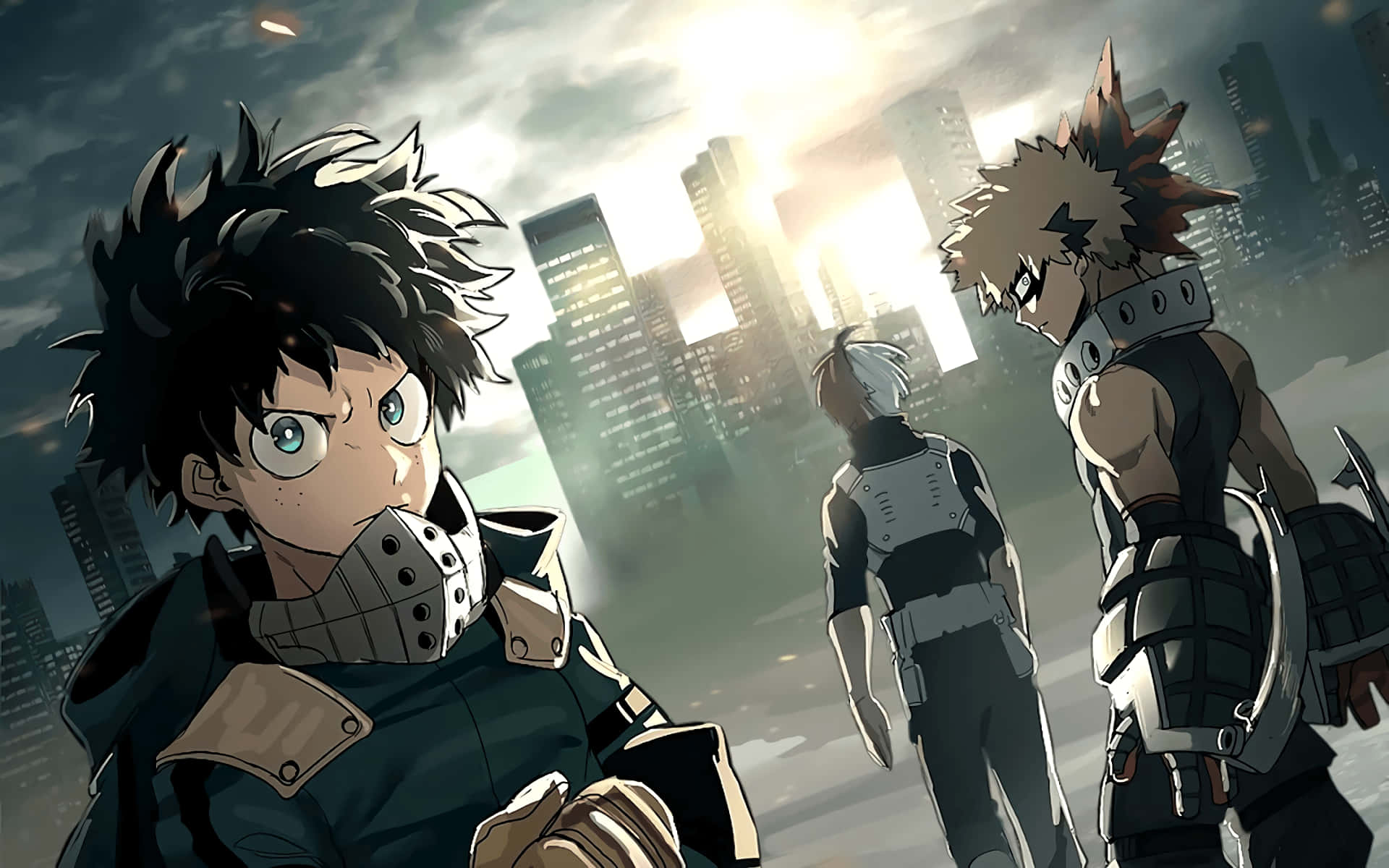My Hero Academia Anime 桌布 壁紙 — 三個動漫英雄站在一個粗糙的城市景觀中，背景是戲劇性的日落天空和高聳的摩天大樓。