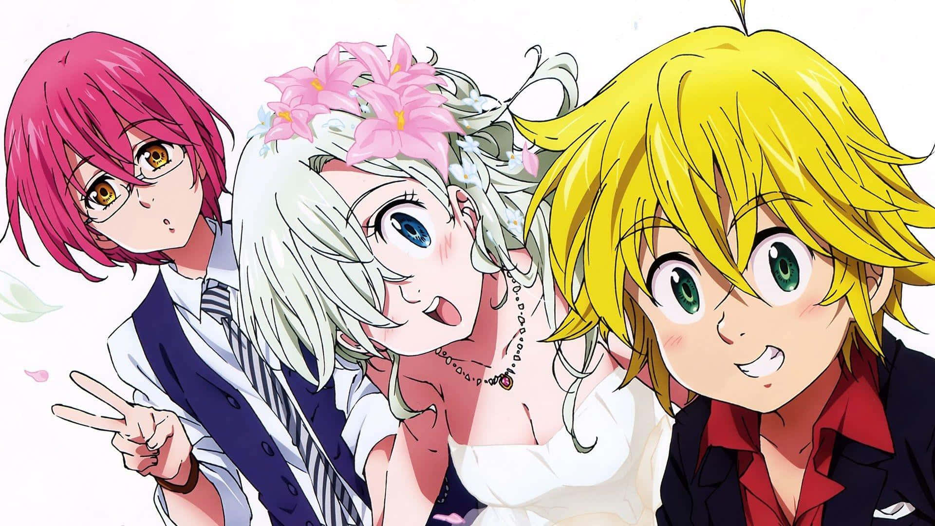 Seven Deadly Sins Elizabeth Liones 桌布 壁紙 — 三個動漫角色，分別有粉紅色、白色和黃色頭髮，在純白色背景前開心地擺姿勢。