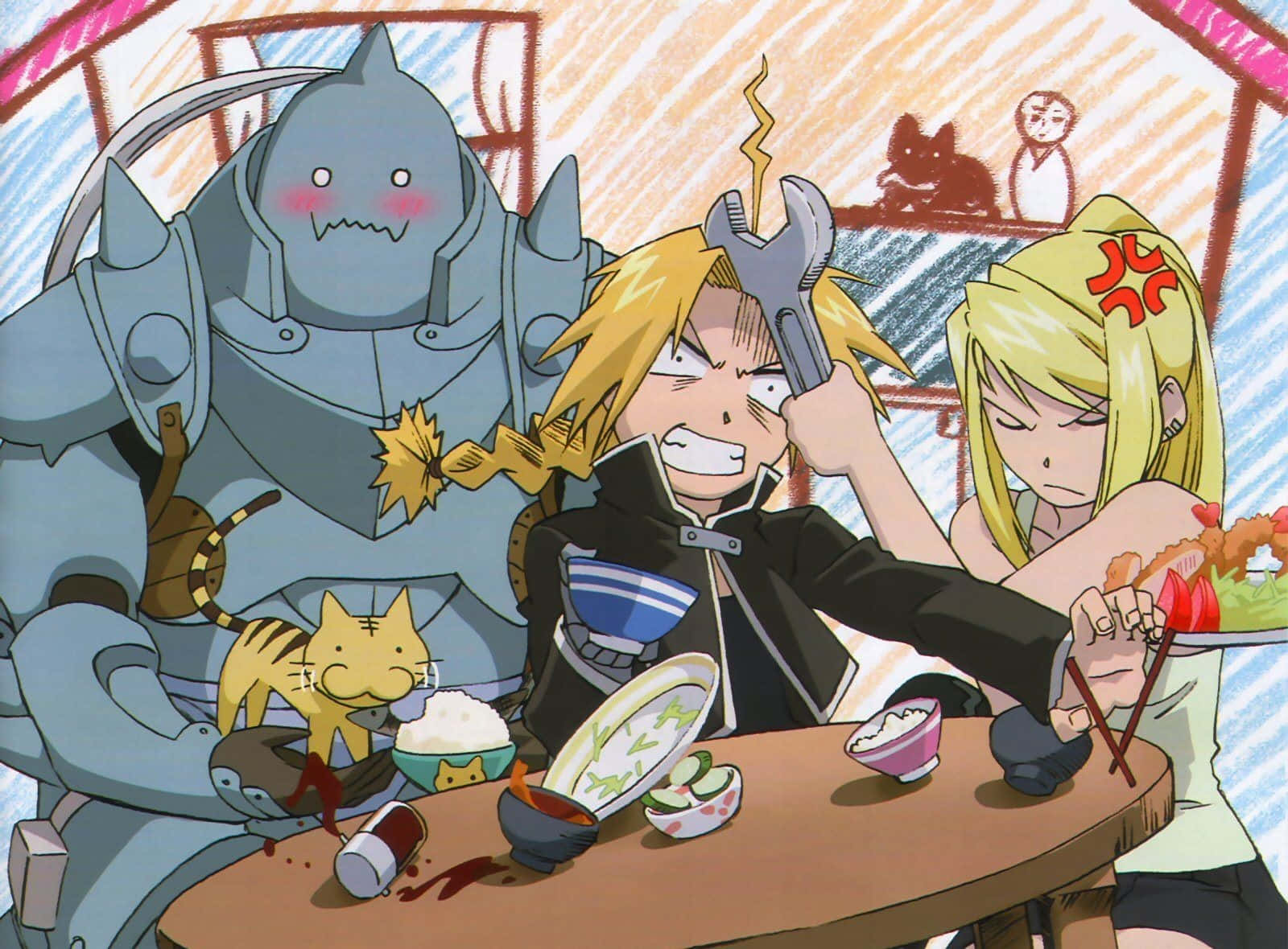 Fullmetal Alchemist 桌布 壁紙 — 三個動漫角色，包括一個巨型裝甲人物和一個手持扳手的金髮男孩，坐在一張有貓和食物的凌亂餐桌旁。