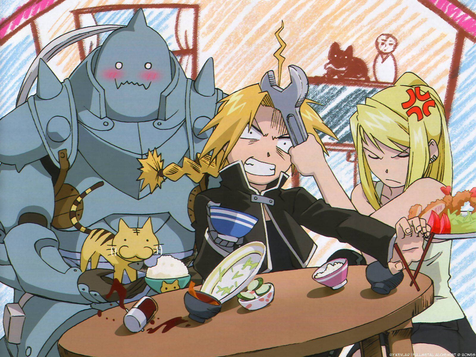 Fullmetal Alchemist 桌布 壁紙 — 三個動漫角色，包括一個巨型裝甲人物和兩個人類，正在一張木桌上吃凌亂的拉麵，桌上有灑落的食物和一把扳手。
