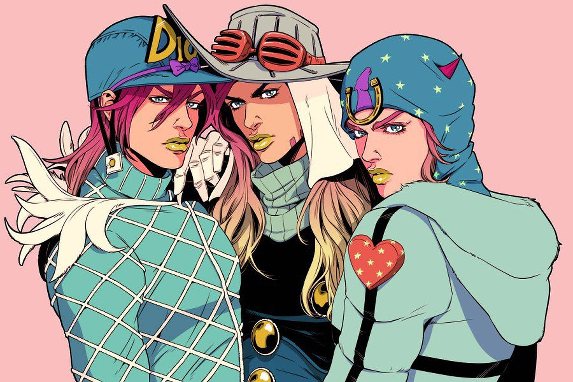 Gyro Zeppeli 桌布 壁紙 — 三個動漫角色，妝容大膽，頭飾獨特，在純粉紅色背景前自信地擺姿勢。
