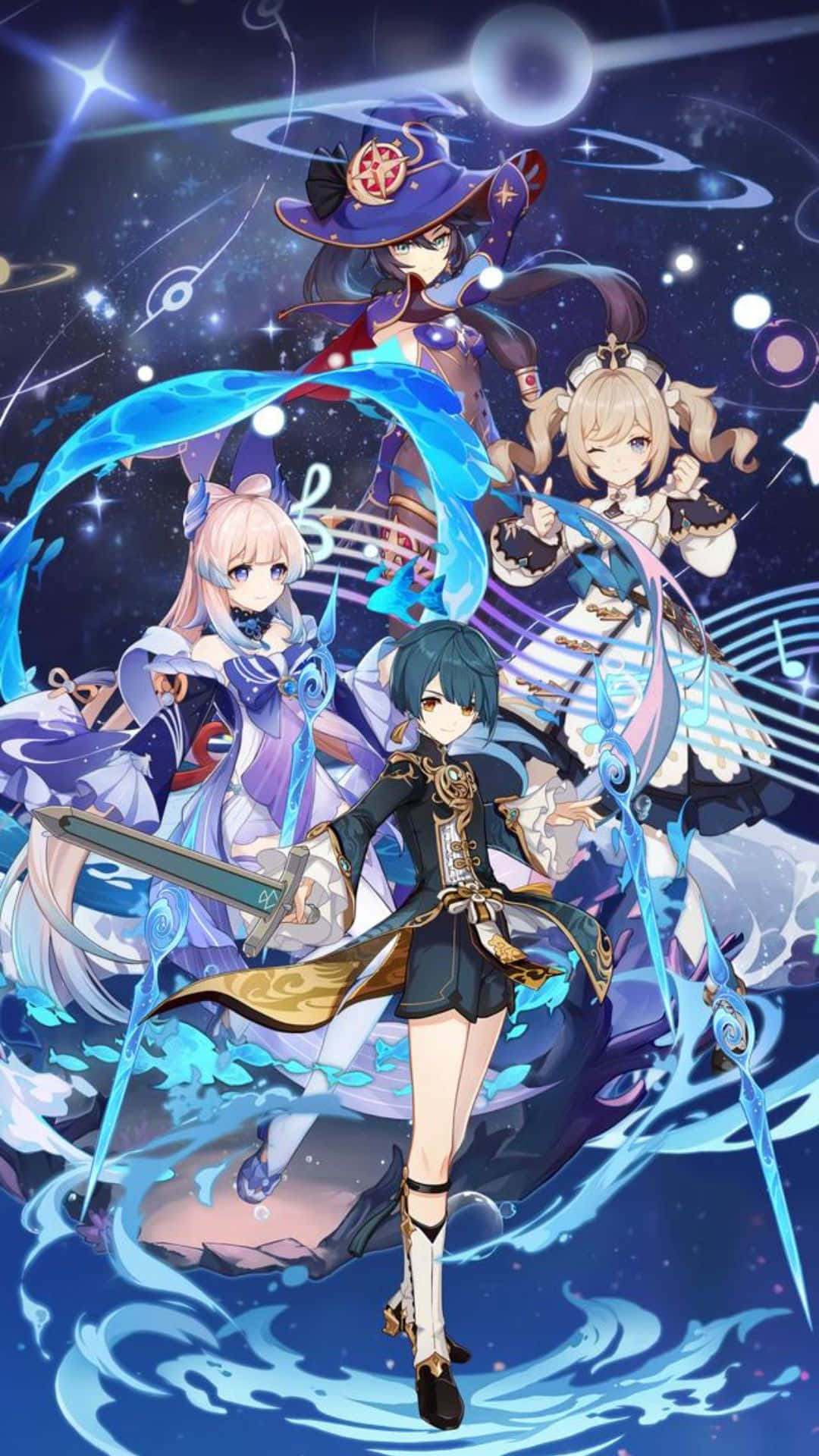 Genshin Impact Characters 桌布 壁紙 — 三個動漫角色，帶有流動的藍色能量和星空宇宙背景，呈現動態姿勢。
