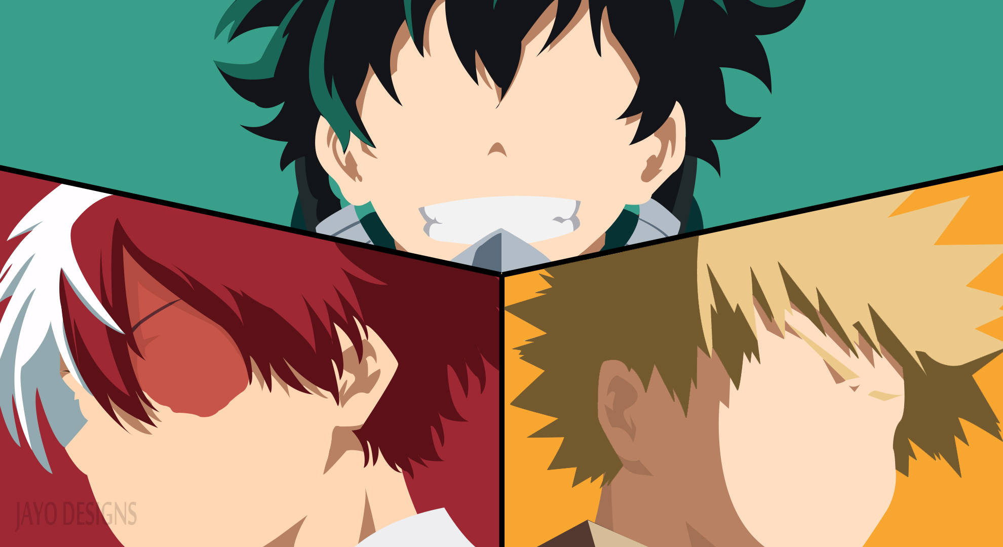 Todoroki Aesthetic 桌布 壁紙 — 三個動漫角色，擁有不同的髮色和表情，以風格化的三角形面板呈現。