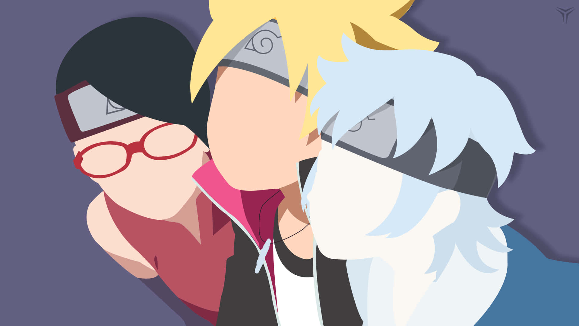 Naruto Group 桌布 壁紙 — 三個動漫角色，擁有不同的髮色和頭帶，緊密地站在柔和的紫色背景前。