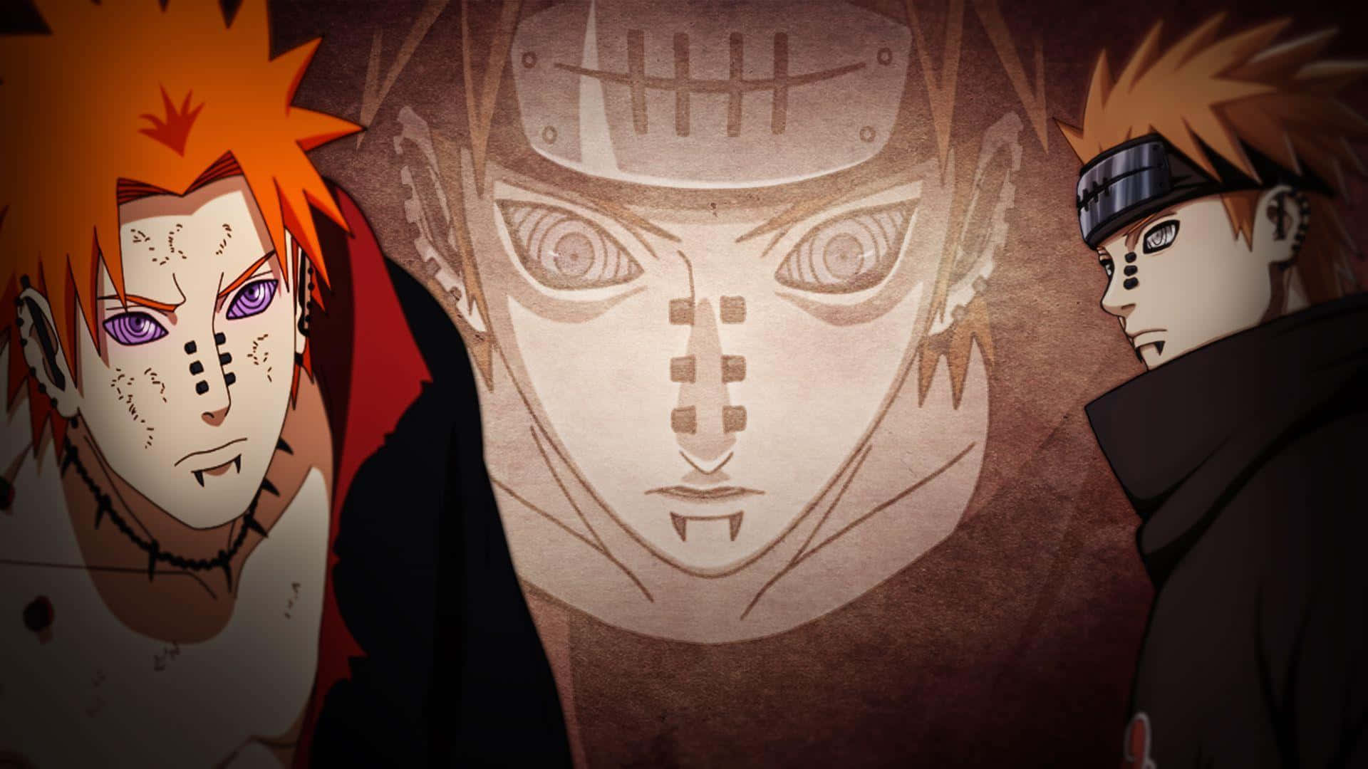 Yahiko 桌布 壁紙 — 三個動漫角色，擁有尖刺橙色頭髮和獨特的面部標記，站在一個大型風格化面孔前，背景為有紋理的棕色。