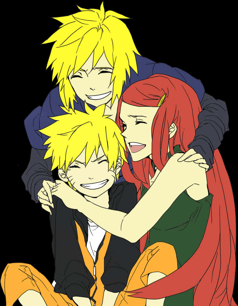 minato namikaze 桌布 壁紙 — 三個動漫角色，擁有尖刺的黃色和紅色頭髮，在黑色背景前溫暖擁抱，歡樂大笑。