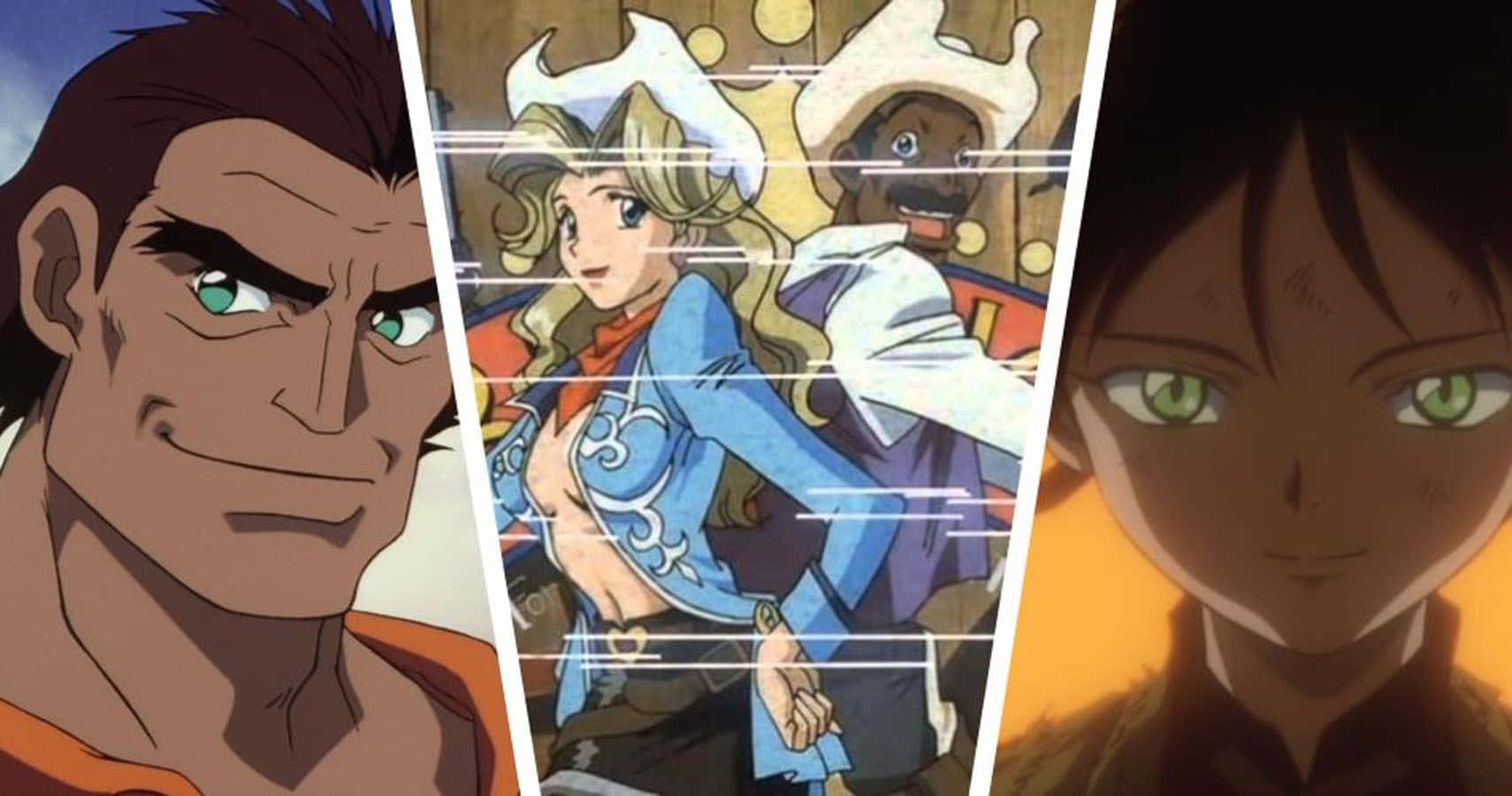 Cowboy Bebop Judy 桌布 壁紙 — 三個動漫角色，擁有強烈的綠色眼睛和戲劇性的表情，由對角白色線條框住。