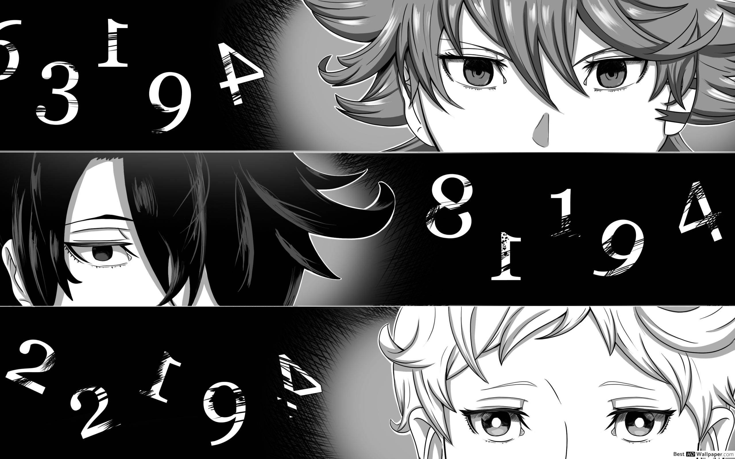 The Promised Neverland 桌布 壁紙 — 三個動漫角色，擁有銳利的眼神和動感的頭髮，被大膽的風格化數字框在黑色背景上。