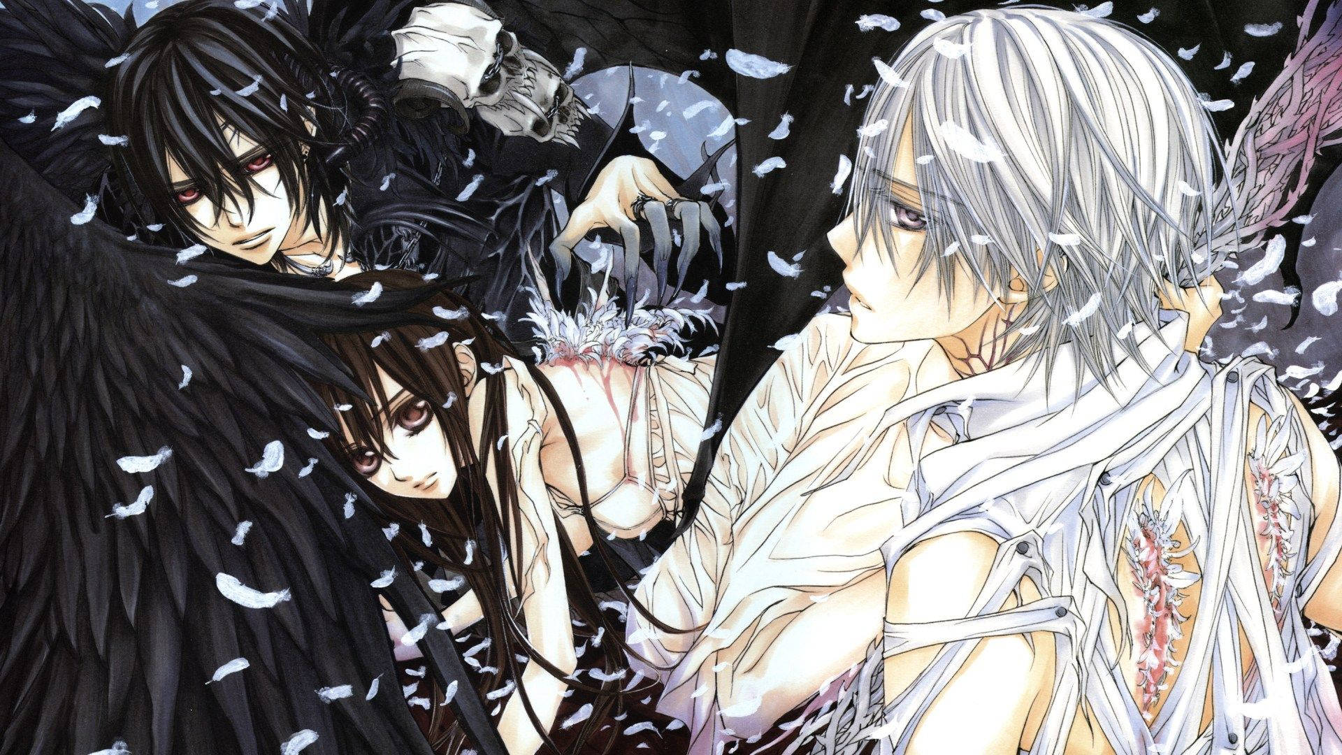 Vampire Knight 桌布 壁紙 — 三個動漫角色，擁有黑暗和光明翅膀，在飄落的白色羽毛中，呈現戲劇性場景。