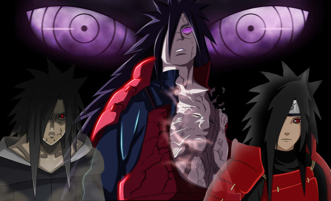 Madara Cool 桌布 壁紙 — 三個動漫角色，擁有黑色尖刺頭髮和紅色眼睛，站在巨大的紫色輪迴眼前，散發著黑暗能量。