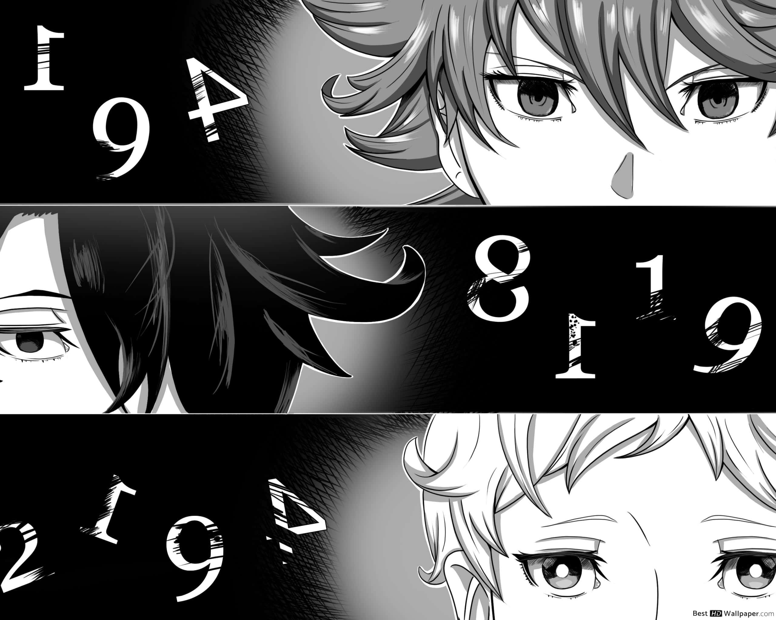 Ray The Promised Neverland 桌布 壁紙 — 三個動漫角色，淚眼汪汪，背景黑白，帶有風格化的數字。
