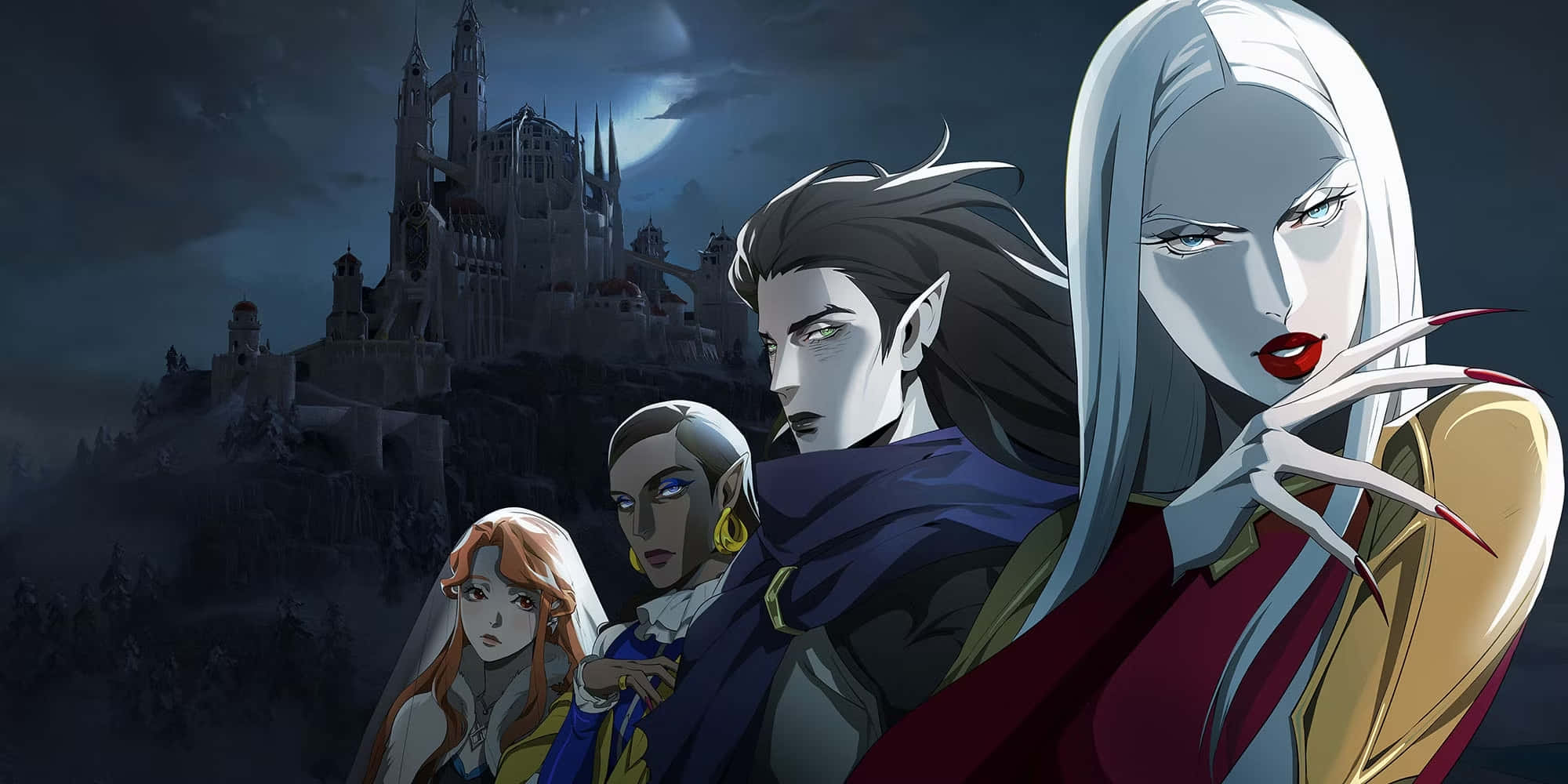 Castlevania 桌布 壁紙 — 三個動漫角色，皮膚蒼白，五官銳利，站在月光下的哥德式城堡前。
