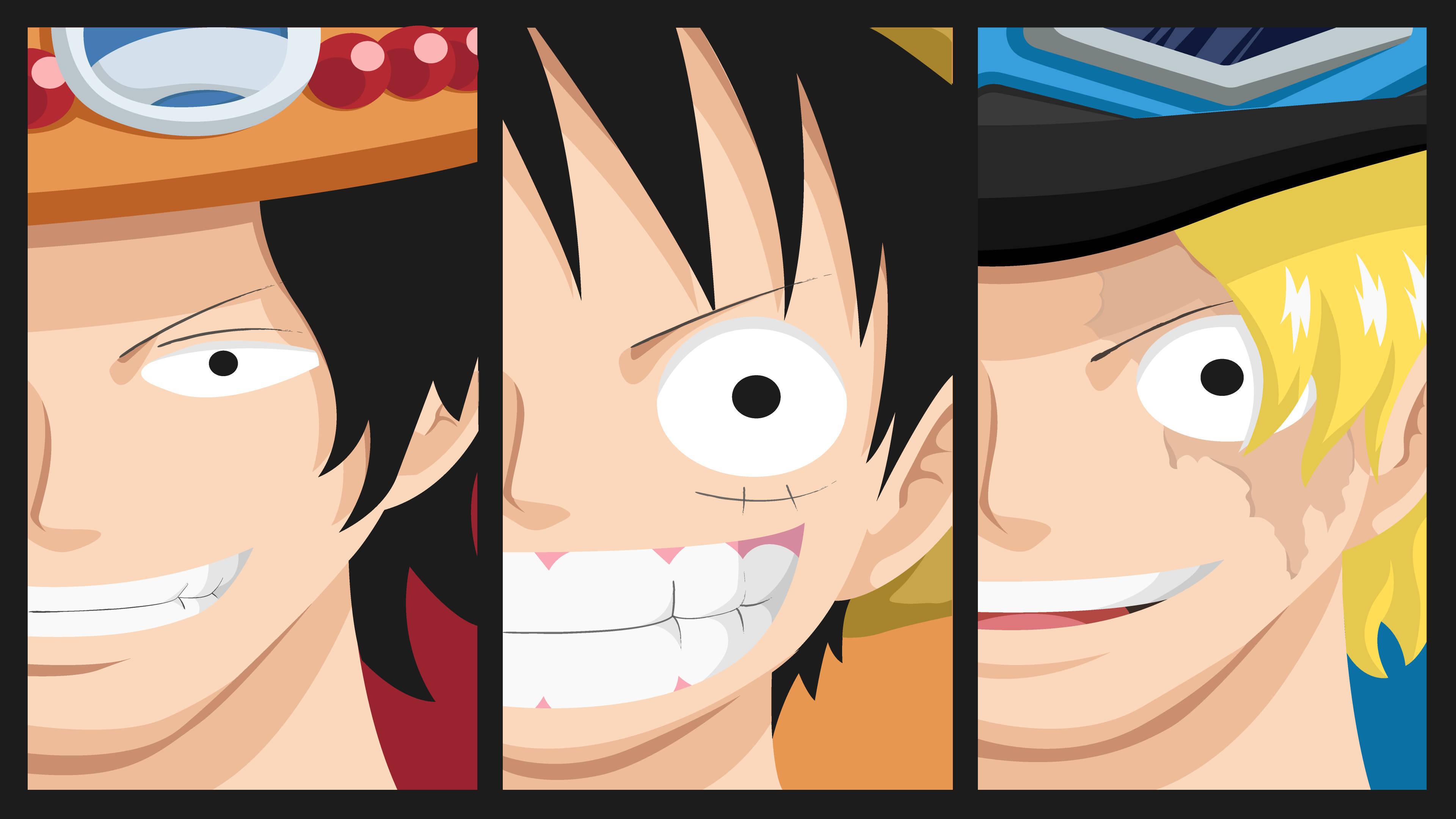 luffy smile 桌布 壁紙 — 三個動漫角色，眼睛睜大，露出牙齒的笑容，以三聯畫佈局呈現。