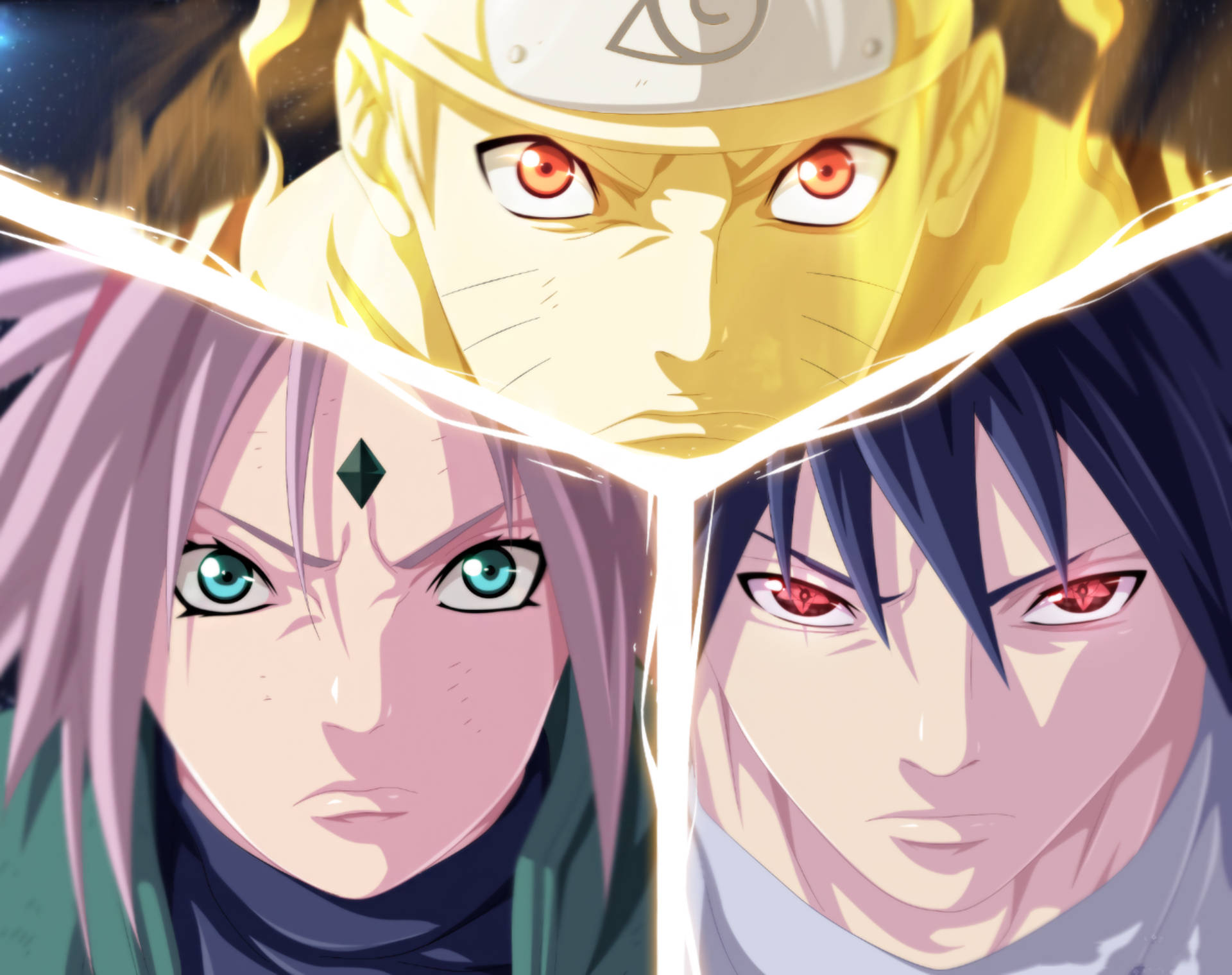 Naruto And Sasuke 桌布 壁紙 — 三個動漫角色，眼神銳利，查克拉發光，以三角形陣型站在宇宙背景前。