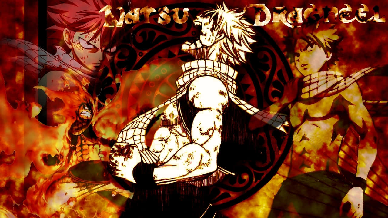 natsu dragneel 桌布 壁紙 — 三個動漫角色，背景熾熱，圖案華麗，呈現動態戰鬥場景。