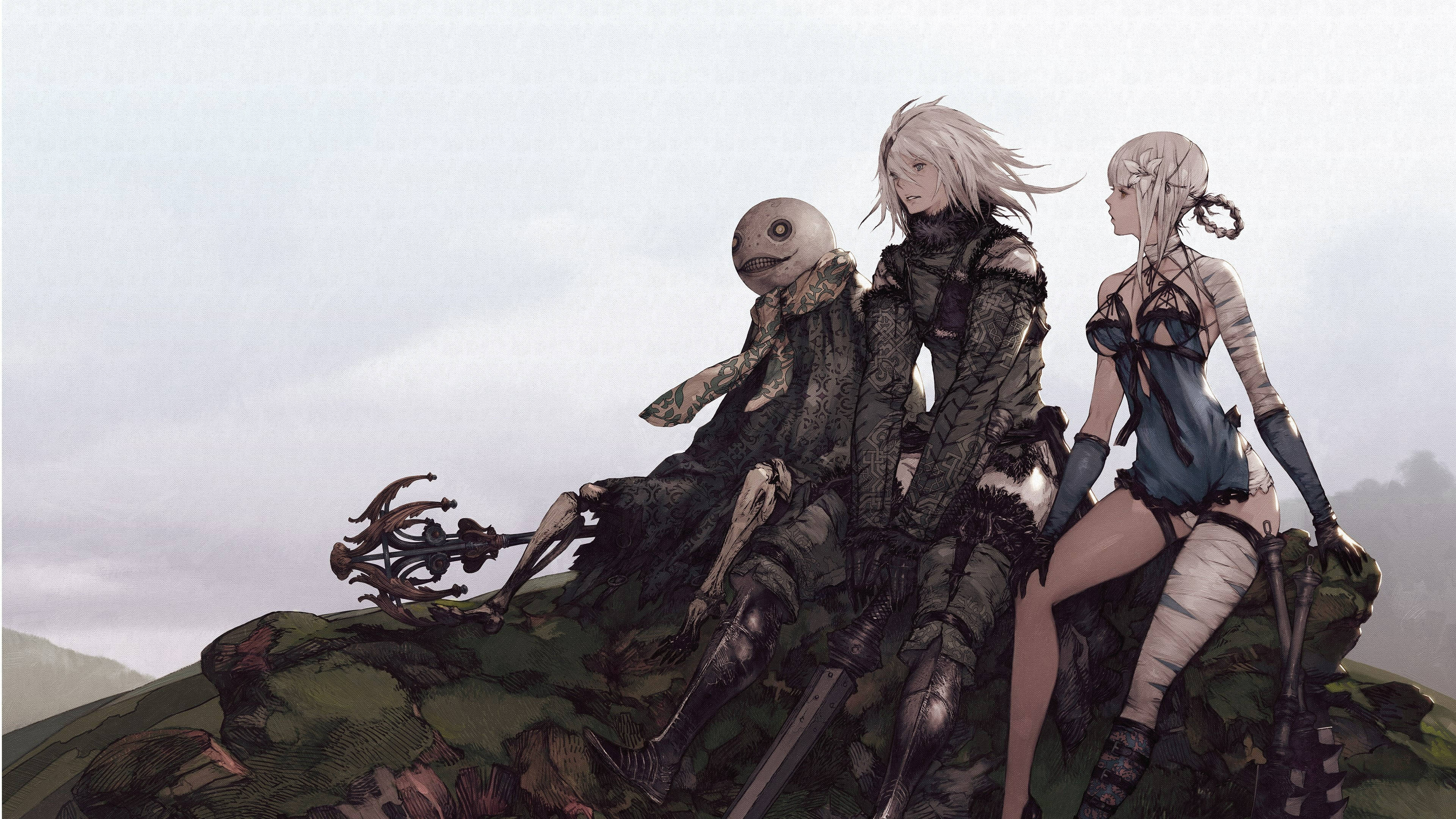 Nier 桌布 壁紙 — 三個動漫角色，蒼白頭髮，身穿暗色盔甲，坐在長滿青苔的懸崖上，天空陰沉。