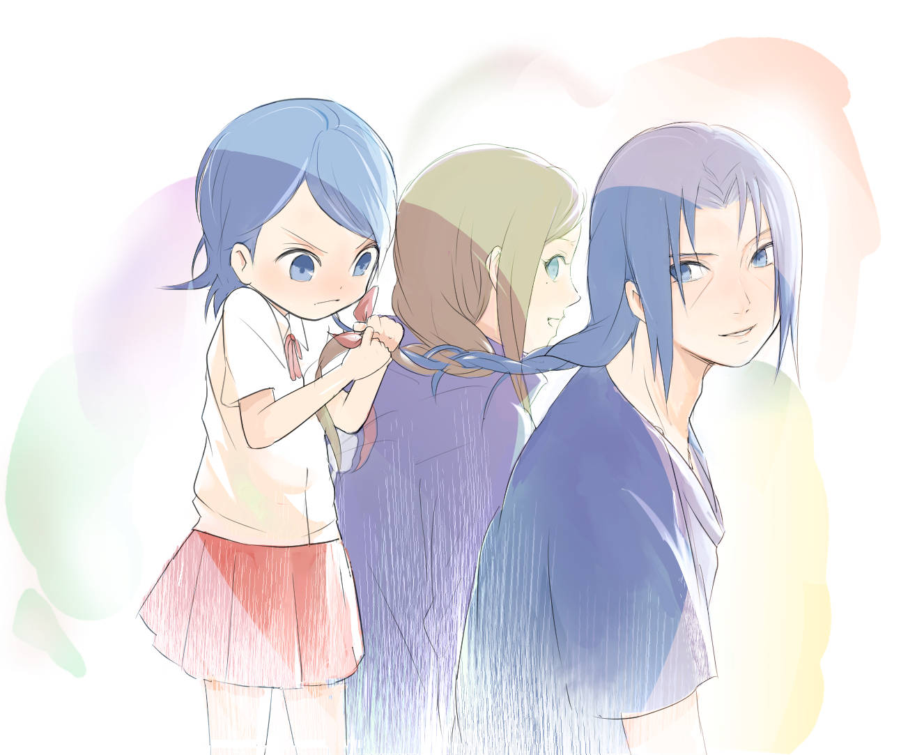 izumi uchiha 桌布 壁紙 — 三個動漫角色，藍色和棕色頭髮，在柔和的粉彩背景前緊密地站在一起。