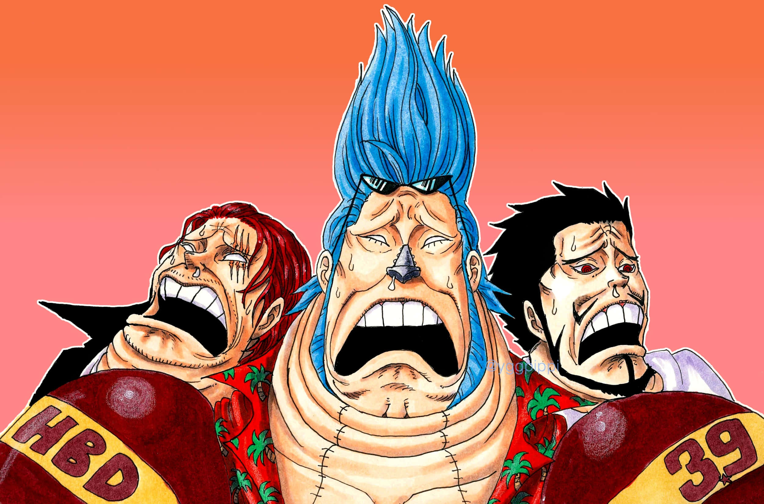 Franky 桌布 壁紙 — 三個動漫角色，表情誇張憤怒，汗水從臉上滴落，背景為橙色漸變。