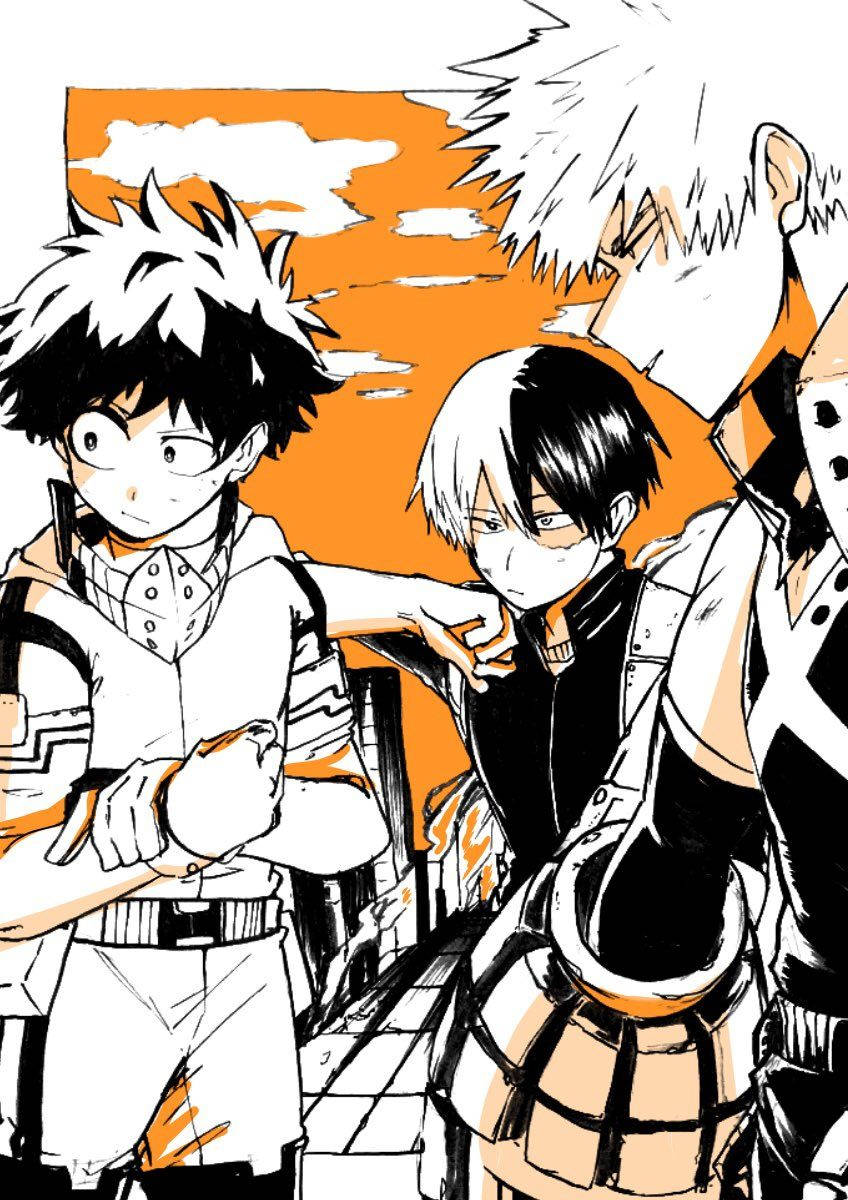 Todobakudeku 桌布 壁紙 — 三個動漫角色，頭髮尖刺，以動態姿勢站在橙色天空背景下。