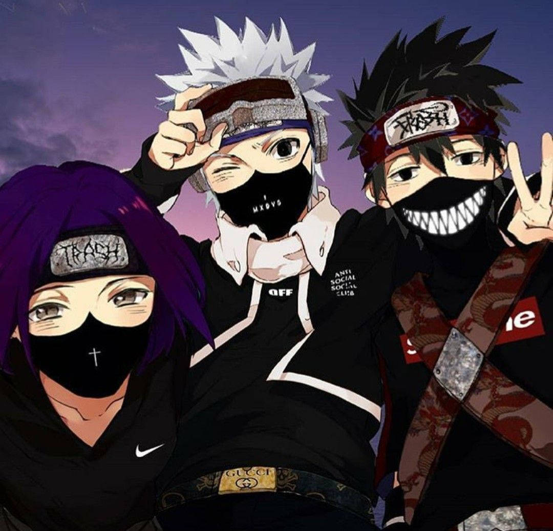 Naruto Gucci 桌布 壁紙 — 三個動漫角色，頭髮尖刺，戴著黑色面具，在紫色暮色天空下自信地擺姿勢。