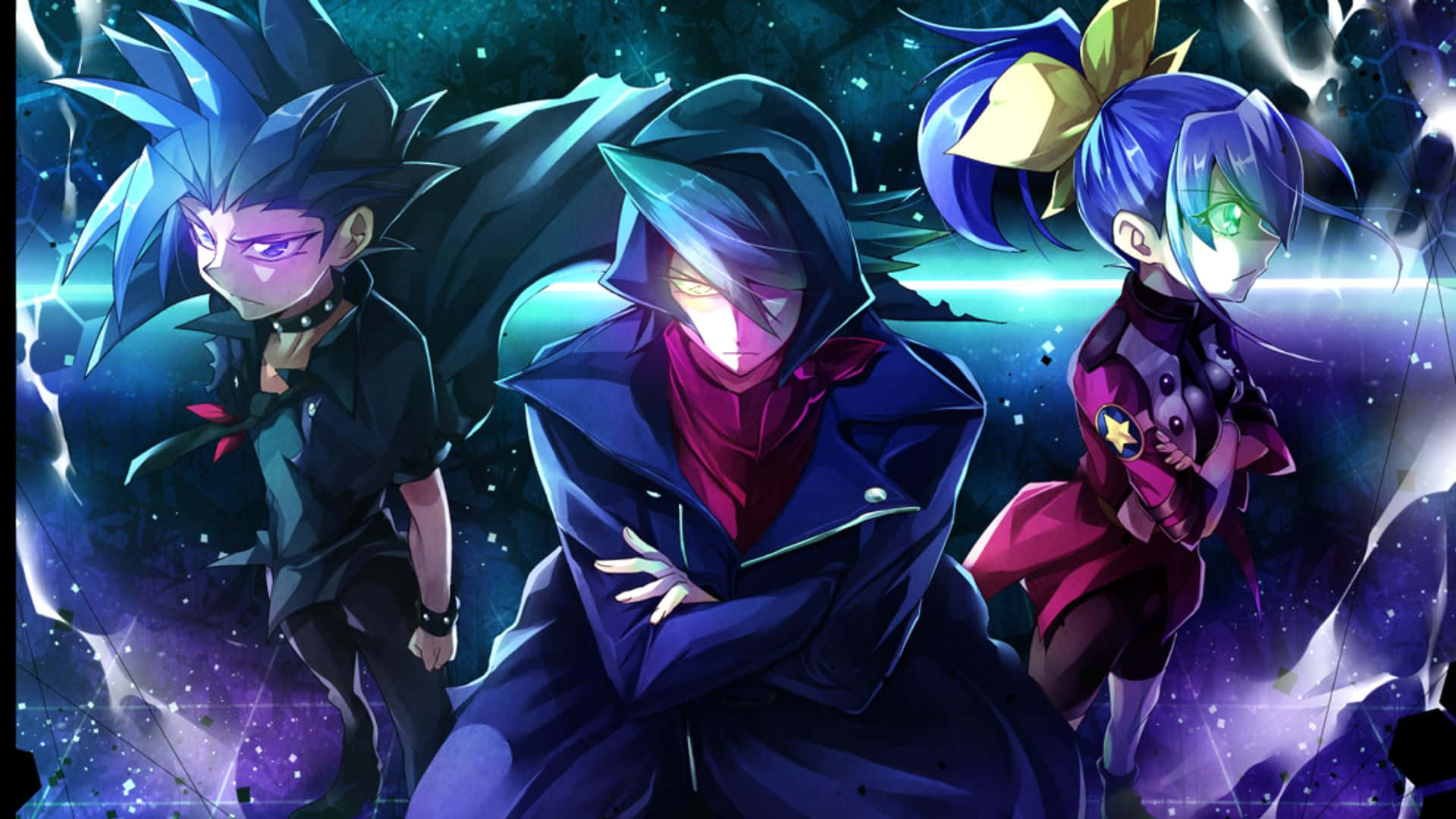 Yu-gi-oh Yuto 桌布 壁紙 — 三個動漫角色，頭髮尖刺，眼睛發光，自信地站在帶有電光藍和紫色色調的宇宙星空背景前。