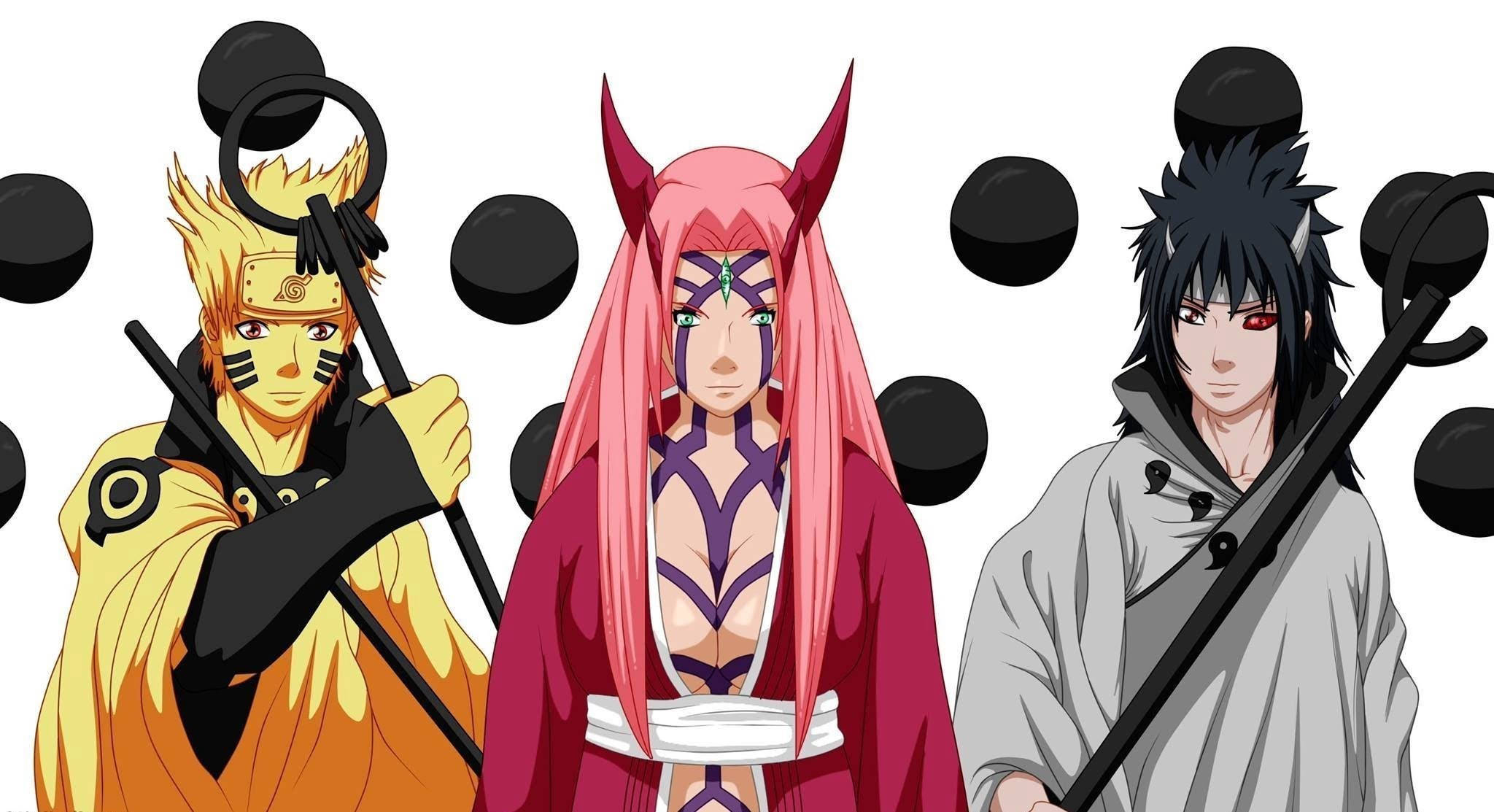 Sakura Haruno 桌布 壁紙 — 三個動漫角色，黑色球體在他們周圍漂浮，背景為白色。