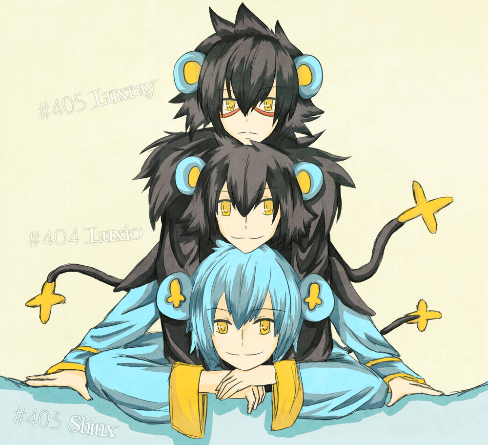 Shinx 桌布 壁紙 — 三個動漫角色，黑藍色頭髮，黃色眼睛，疊坐在一起，穿著藍色服裝，帶有黃色點綴和星形耳飾。