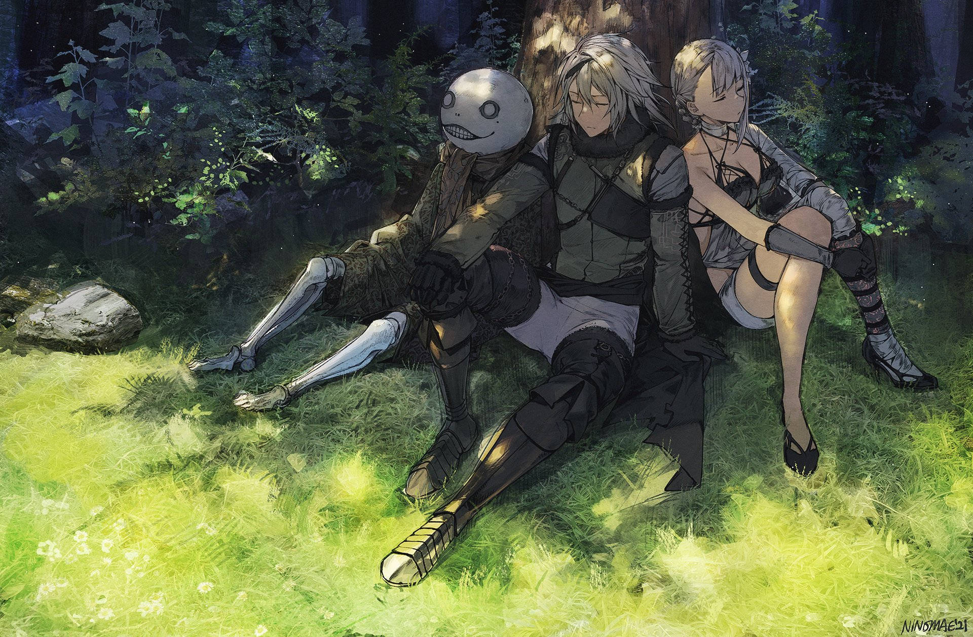Nier 桌布 壁紙 — 三個動漫角色一起在陽光明媚的森林空地中休息，身後有斑駁的綠草和茂密的樹木。