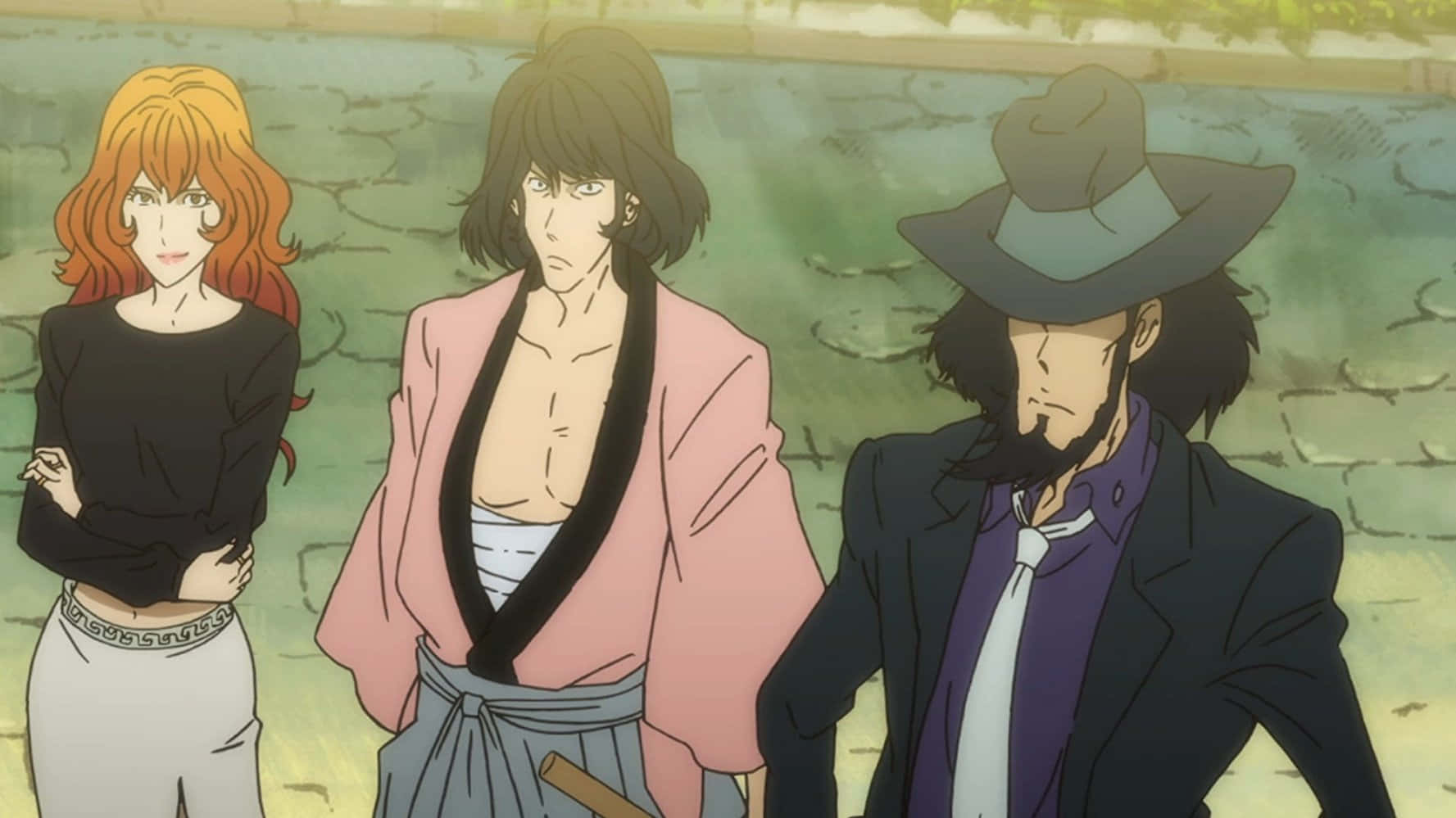 Goemon Ishikawa Xiii 桌布 壁紙 — 三個動漫角色一起站在一條裂開的石徑上，柔和日光下，表情豐富，服飾獨特。