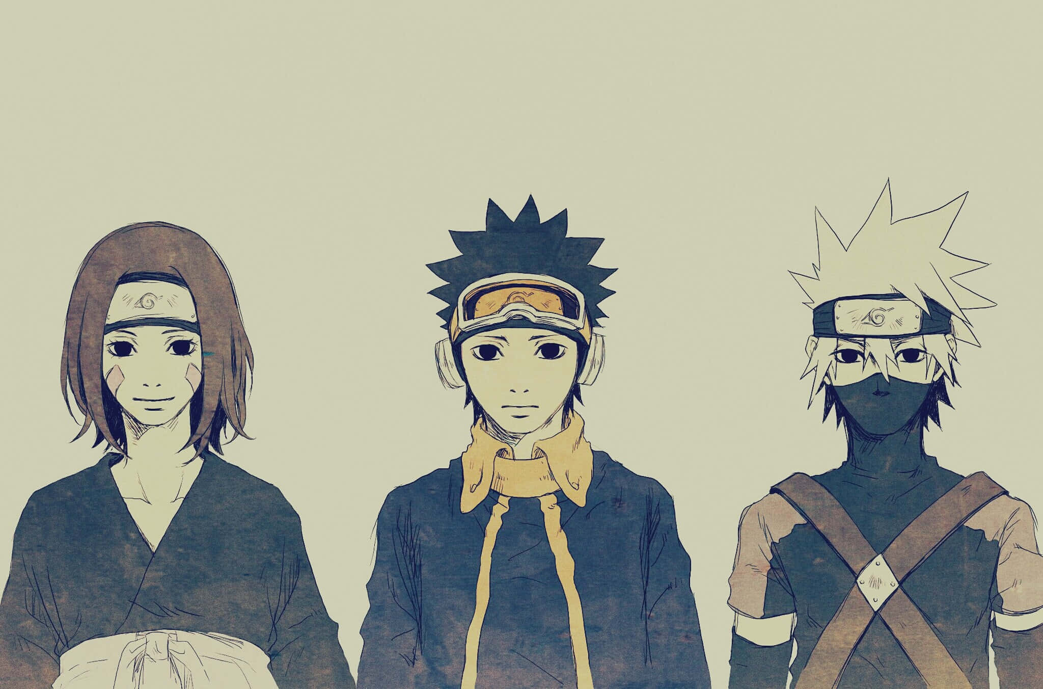 Kakashi And Tobi 桌布 壁紙 — 三個動漫角色並排站立，背景為柔和的米色，各有獨特的髮型和頭帶。