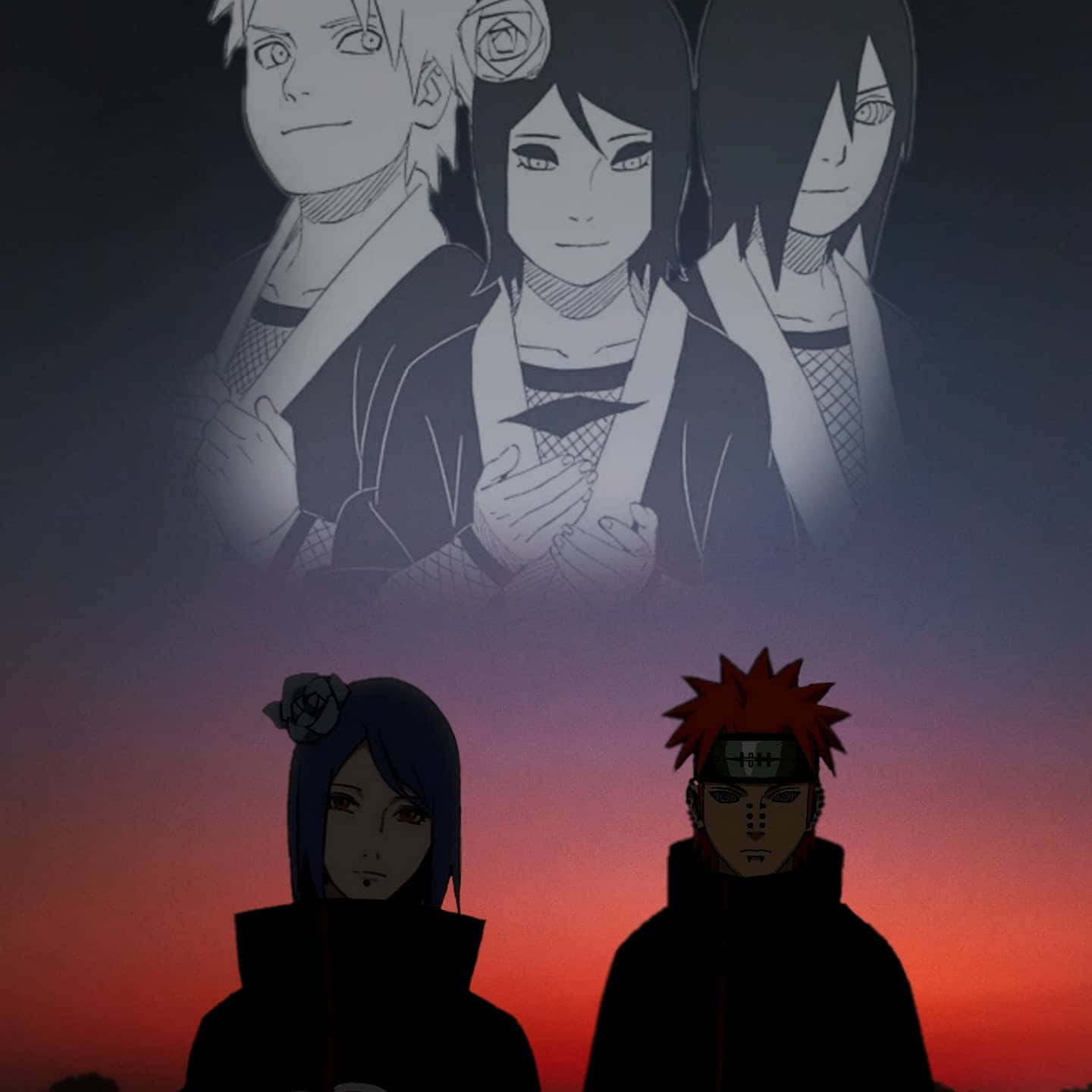 Konan 桌布 壁紙 — 三個動漫角色以剪影形式站在熾熱的日落前，另外三個幽靈般的身影在他們上方發光。