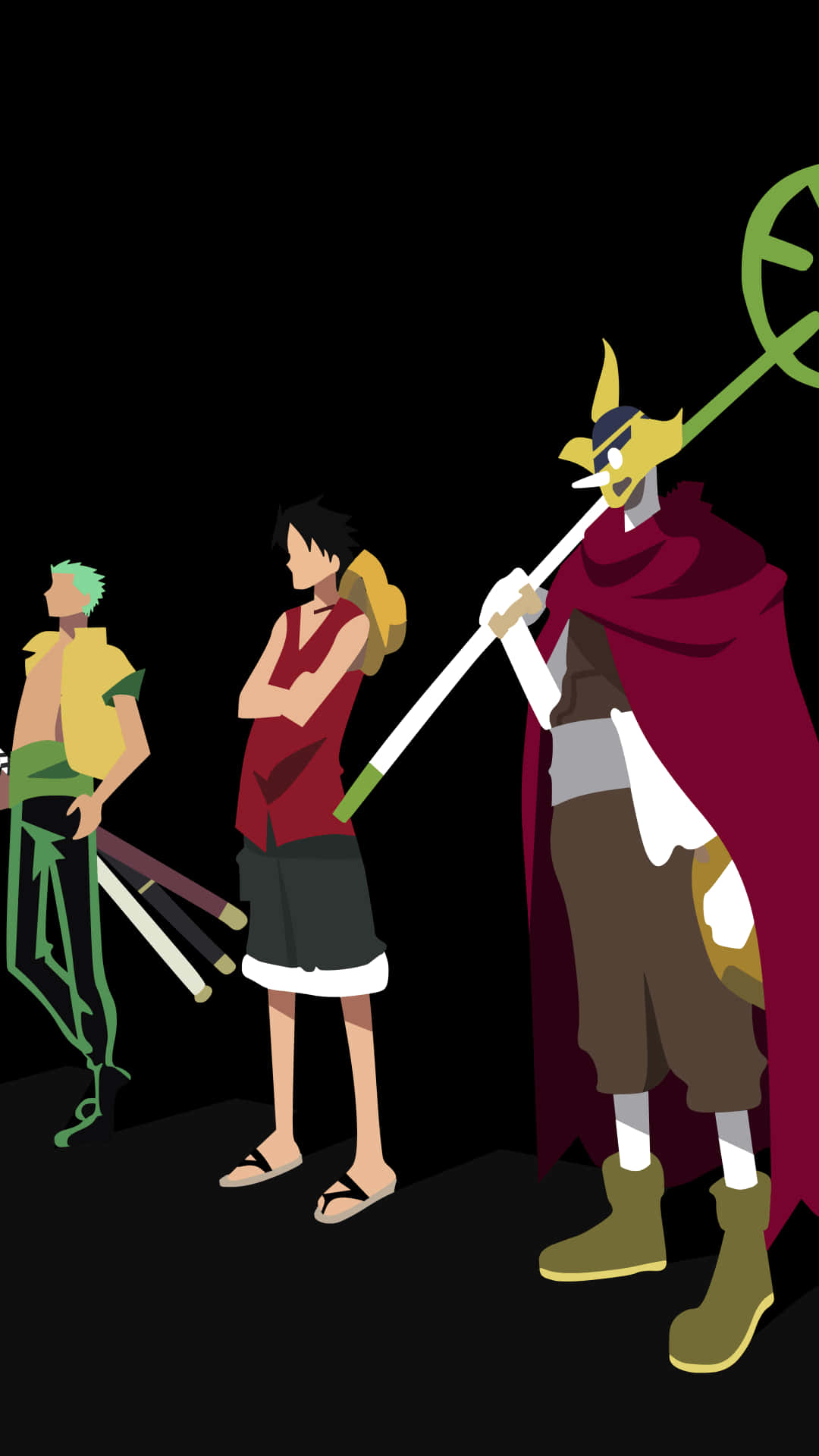 one piece usopp 桌布 壁紙 — 三個動漫角色以剪影形式站在黑色背景前，一個拿著法杖，另一個有劍，第三個穿著紅色斗篷。