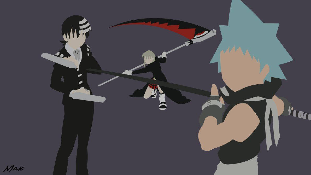 Soul Eater 桌布 壁紙 — 三個動漫角色以劍擺出戰鬥姿勢，背景為深灰色。