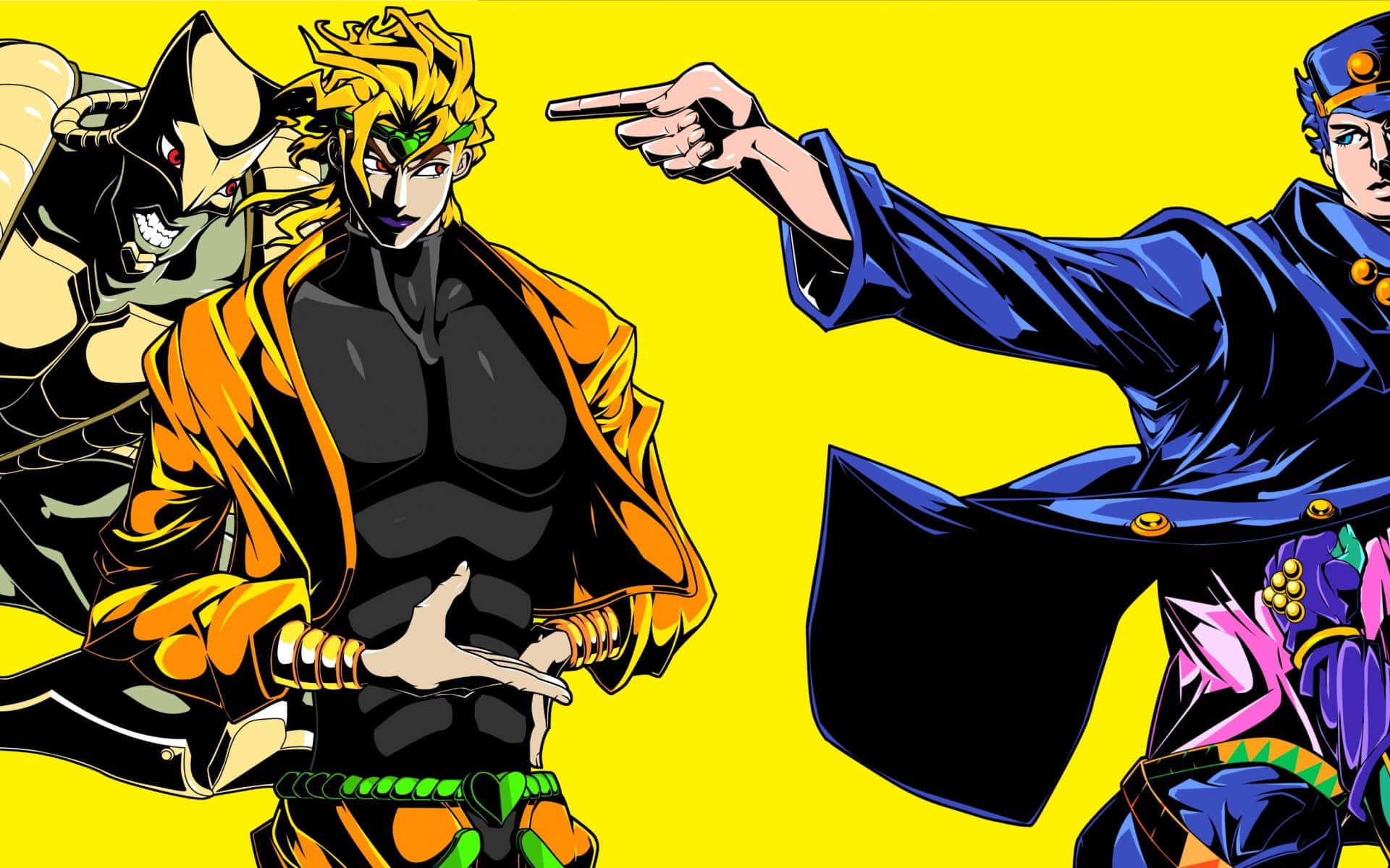 Dio Brando 桌布 壁紙 — 三個動漫角色以動感姿勢呈現，背景為亮黃色，帶有粗線條和鮮豔色彩。