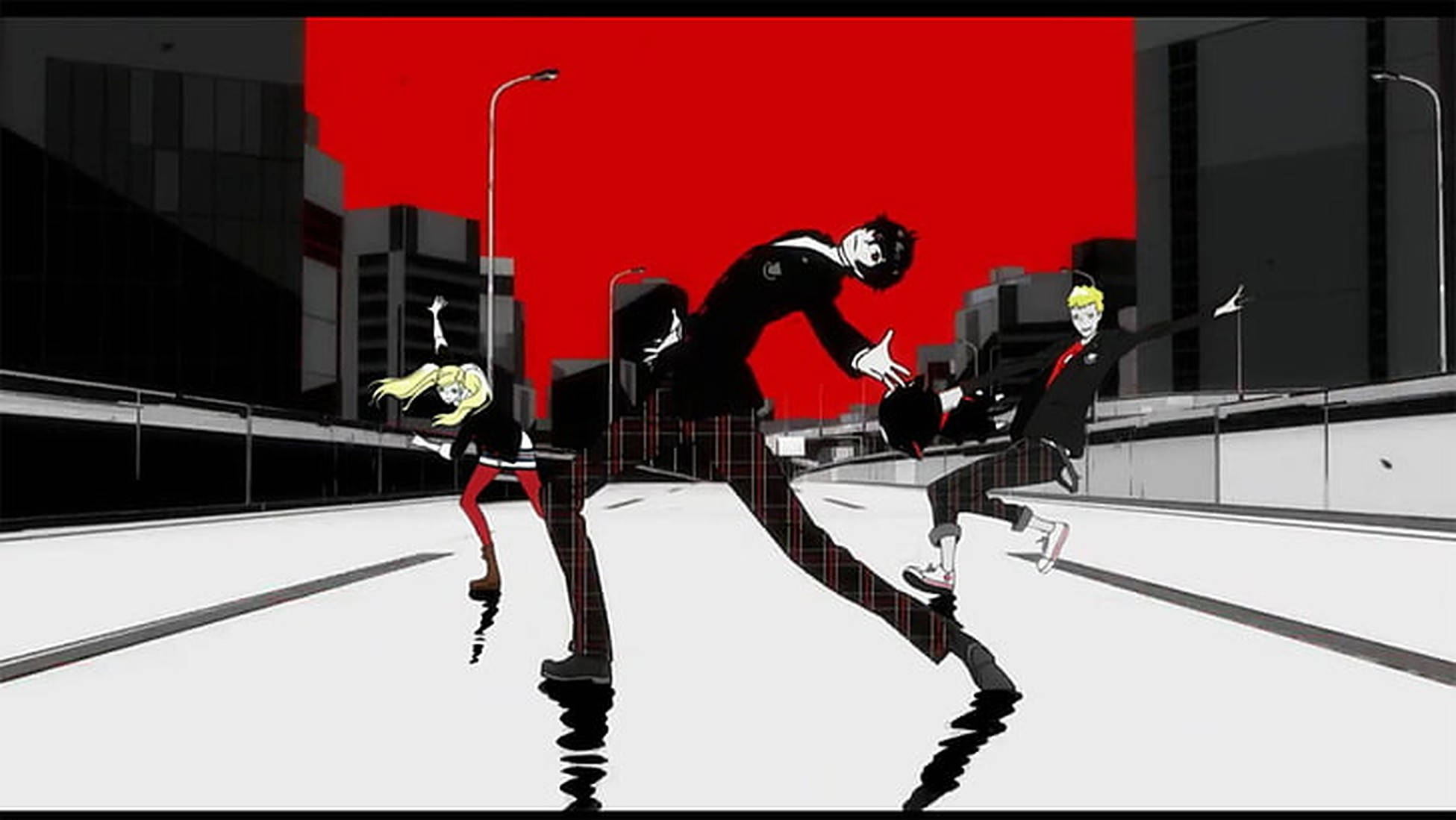 anime dance 桌布 壁紙 — 三個動漫角色以動態姿勢在鮮紅天空下跳過一座簡樸的城市橋樑。