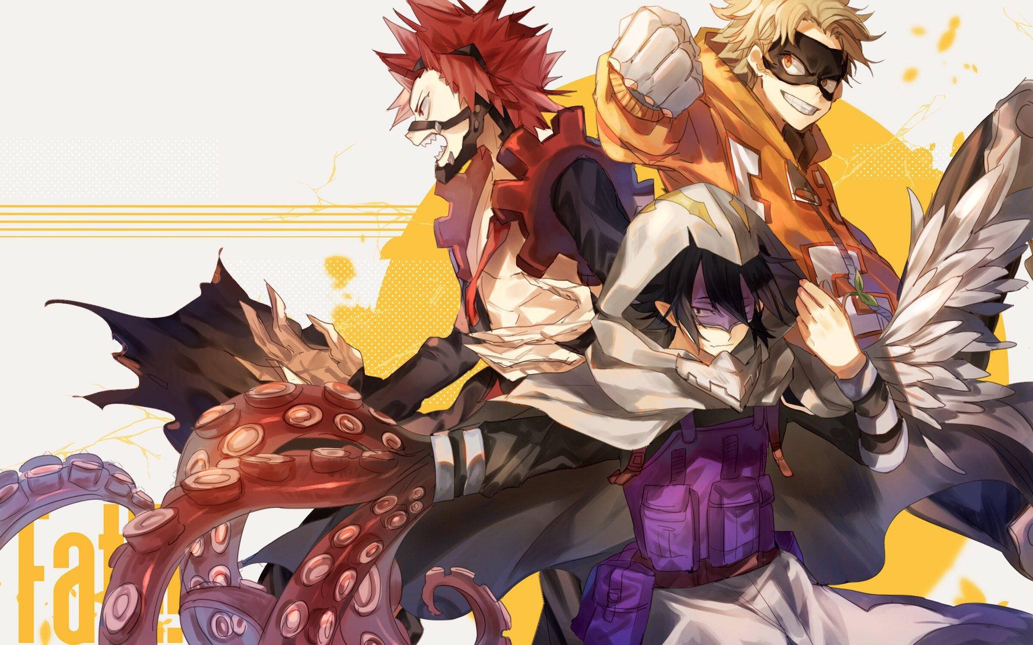 Tamaki Amajiki 桌布 壁紙 — 三個動漫角色以動態姿勢在鮮豔的黃白背景下與巨型章魚戰鬥。