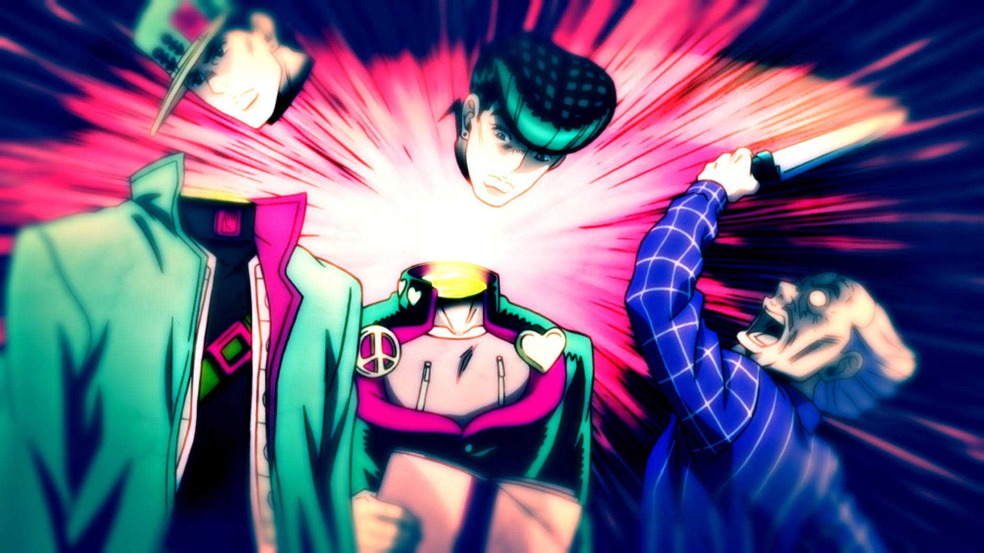 Jotaro 桌布 壁紙 — 三個動漫角色以動態姿勢在黑暗背景上爆發充滿活力的粉紅色和藍色能量。