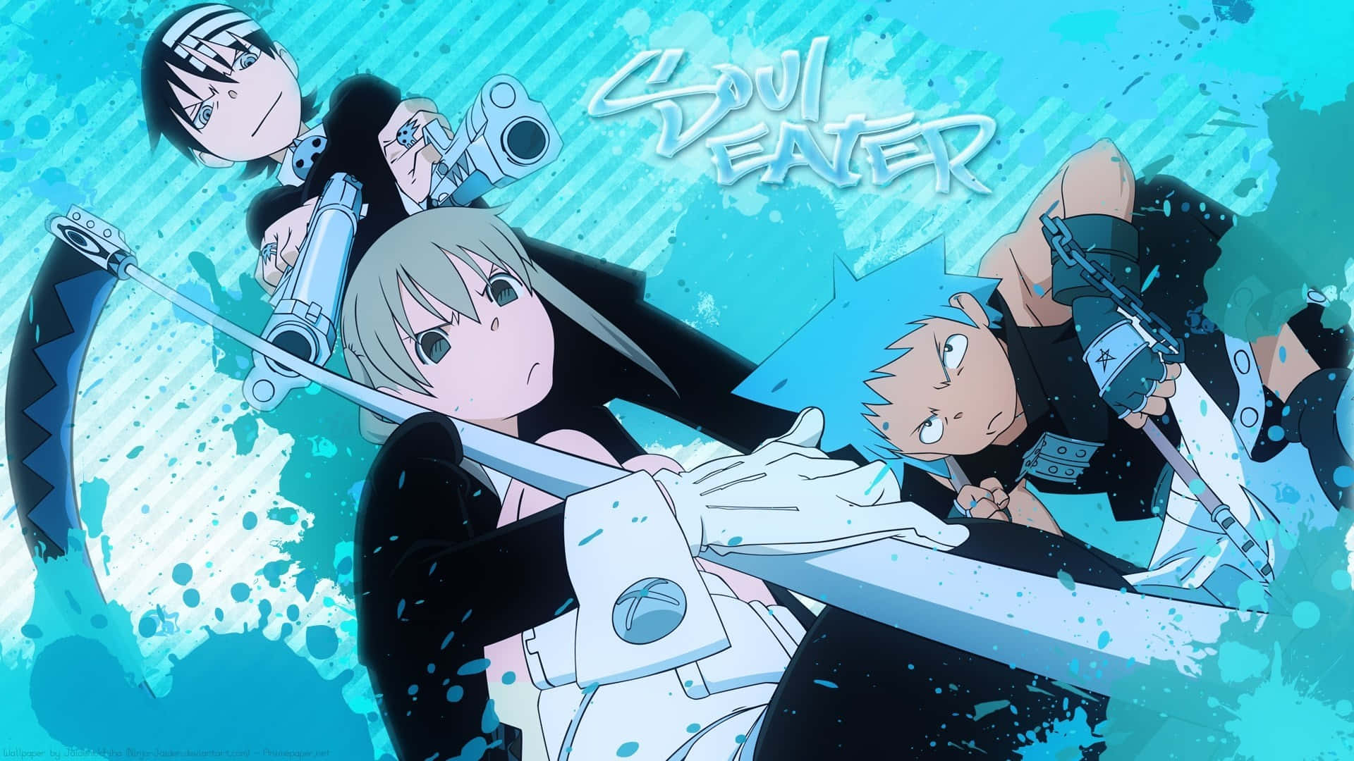 Soul Eater 桌布 壁紙 — 三個動漫角色以動態姿勢揮舞武器，背景為鮮豔的藍色潑濺效果。