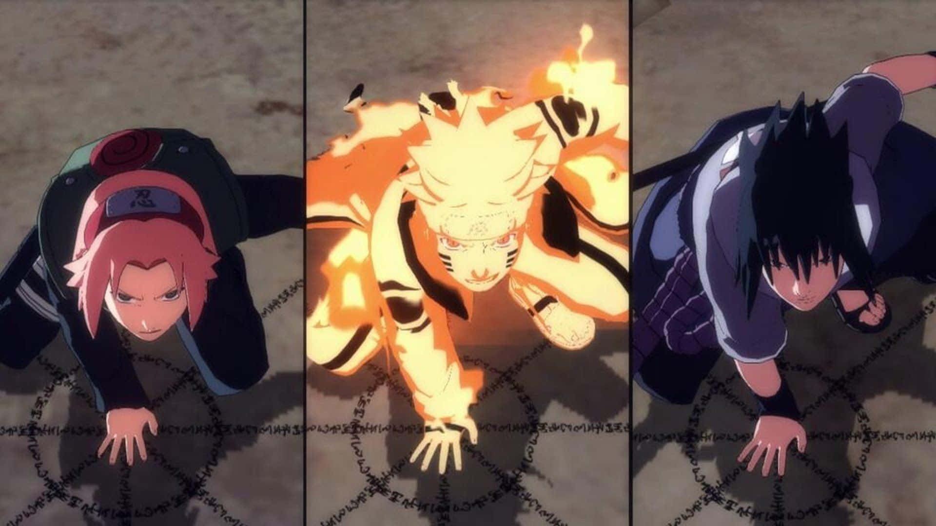 Team 7 Naruto 桌布 壁紙 — 三個動漫角色以動態姿勢站立，周圍是龜裂大地上的發光封印。