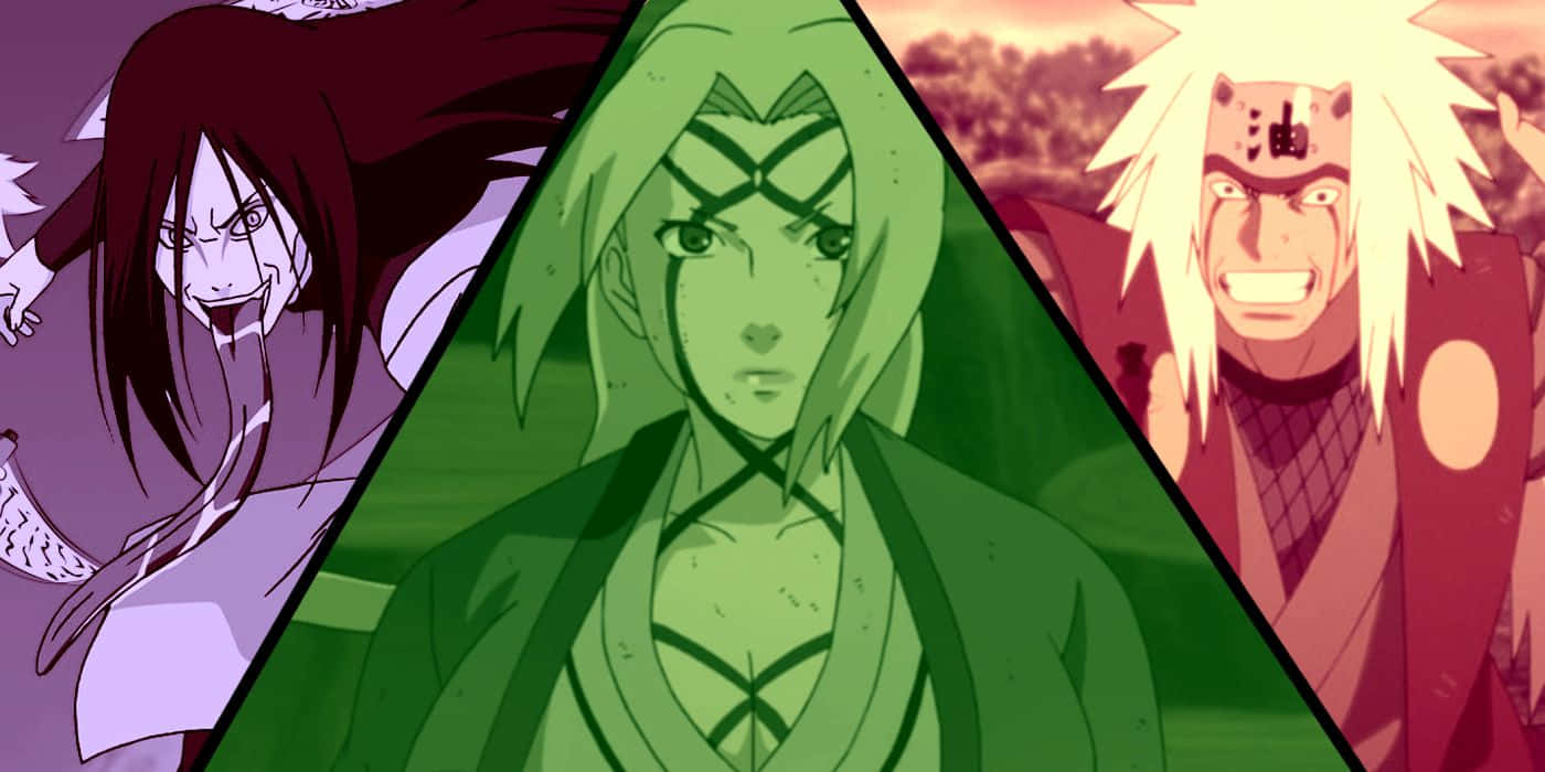 Legendary Sannin 桌布 壁紙 — 三個動漫角色以動態姿勢被三角形面板分割，色彩鮮豔。