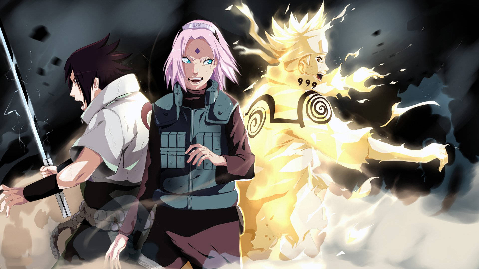 Sakura Haruno 桌布 壁紙 — 三個動漫角色以動態戰鬥姿勢，帶有發光查克拉效果，背景為黑暗煙霧彌漫。