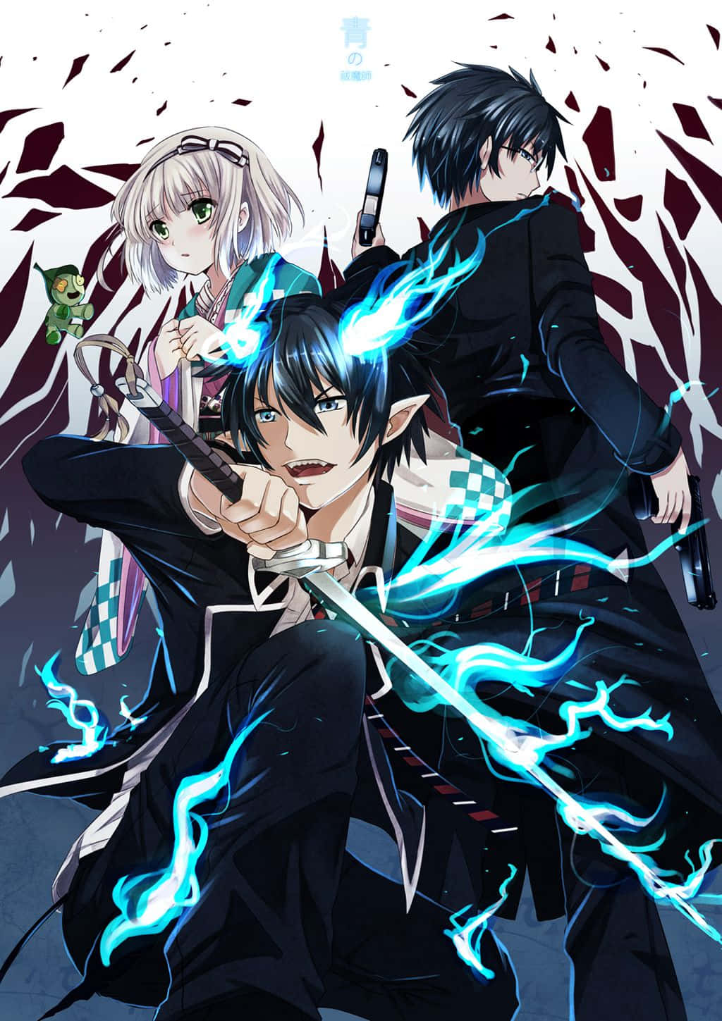 Blue Exorcist 桌布 壁紙 — 三個動漫角色以動態戰鬥姿勢，手持發光藍色能量武器，背景為破碎的紅色和白色。