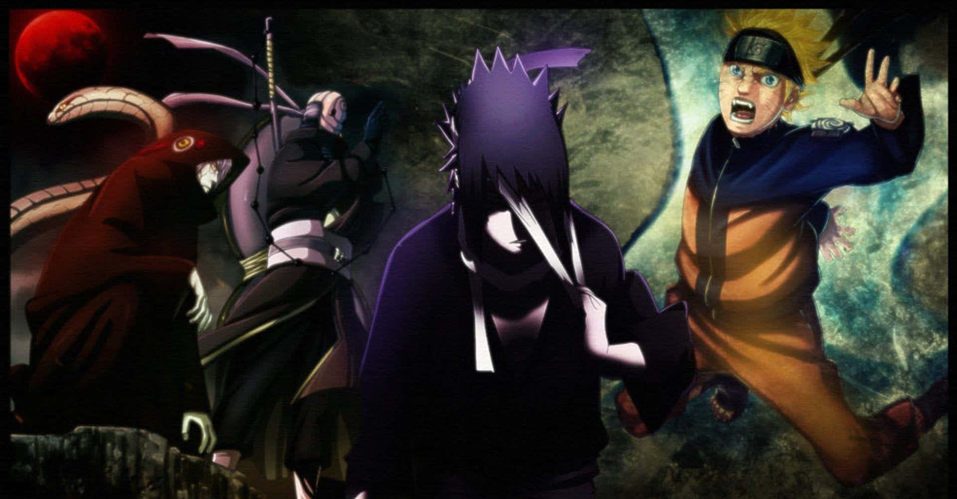 Ninja World 桌布 壁紙 — 三個動漫角色以動態戰鬥姿勢，背景是黑暗宇宙和紅色月亮。