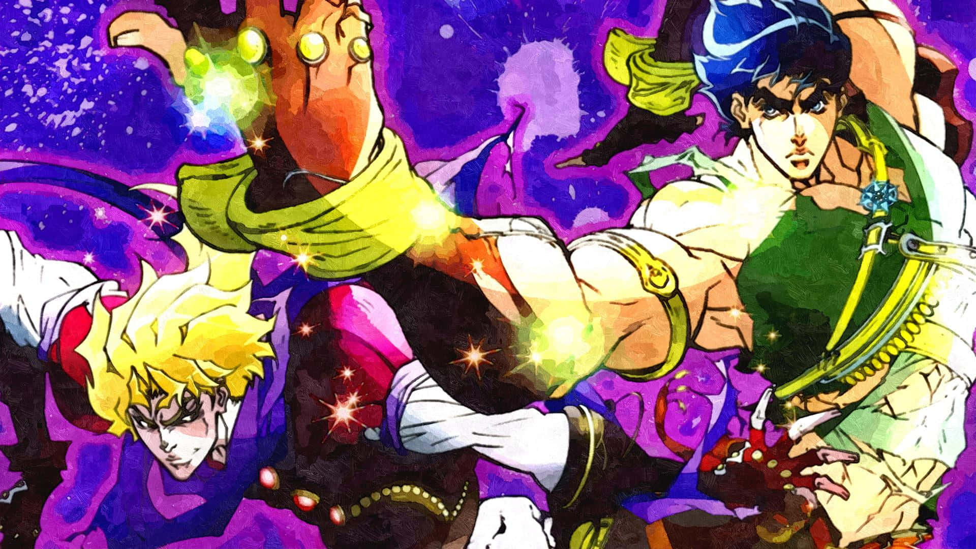 Jonathan Joestar 桌布 壁紙 — 三個動漫角色以動態戰鬥姿勢呈現，帶有發光能量效果，背景為宇宙紫色。