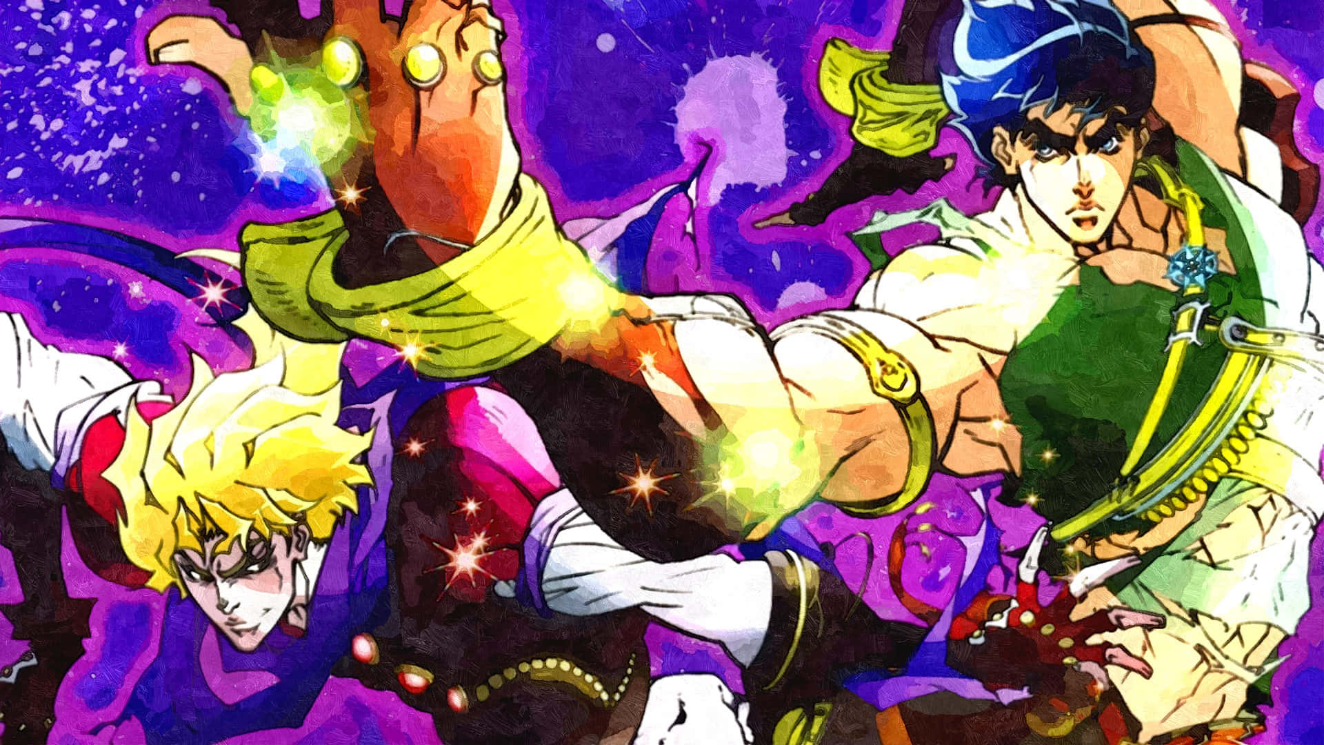 Phantom Blood 桌布 壁紙 — 三個動漫角色以動態戰鬥姿勢呈現，帶有發光能量效果，背景為宇宙紫色。
