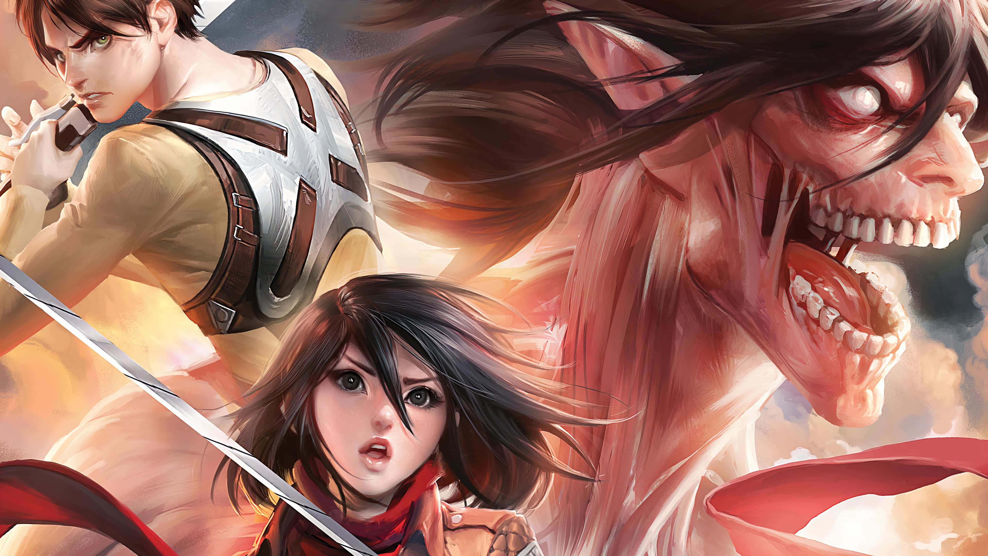Mikasa Ackerman 桌布 壁紙 — 三個動漫角色以動態戰鬥姿勢對抗一個擁有發光眼睛和露出牙齒的怪物巨人。