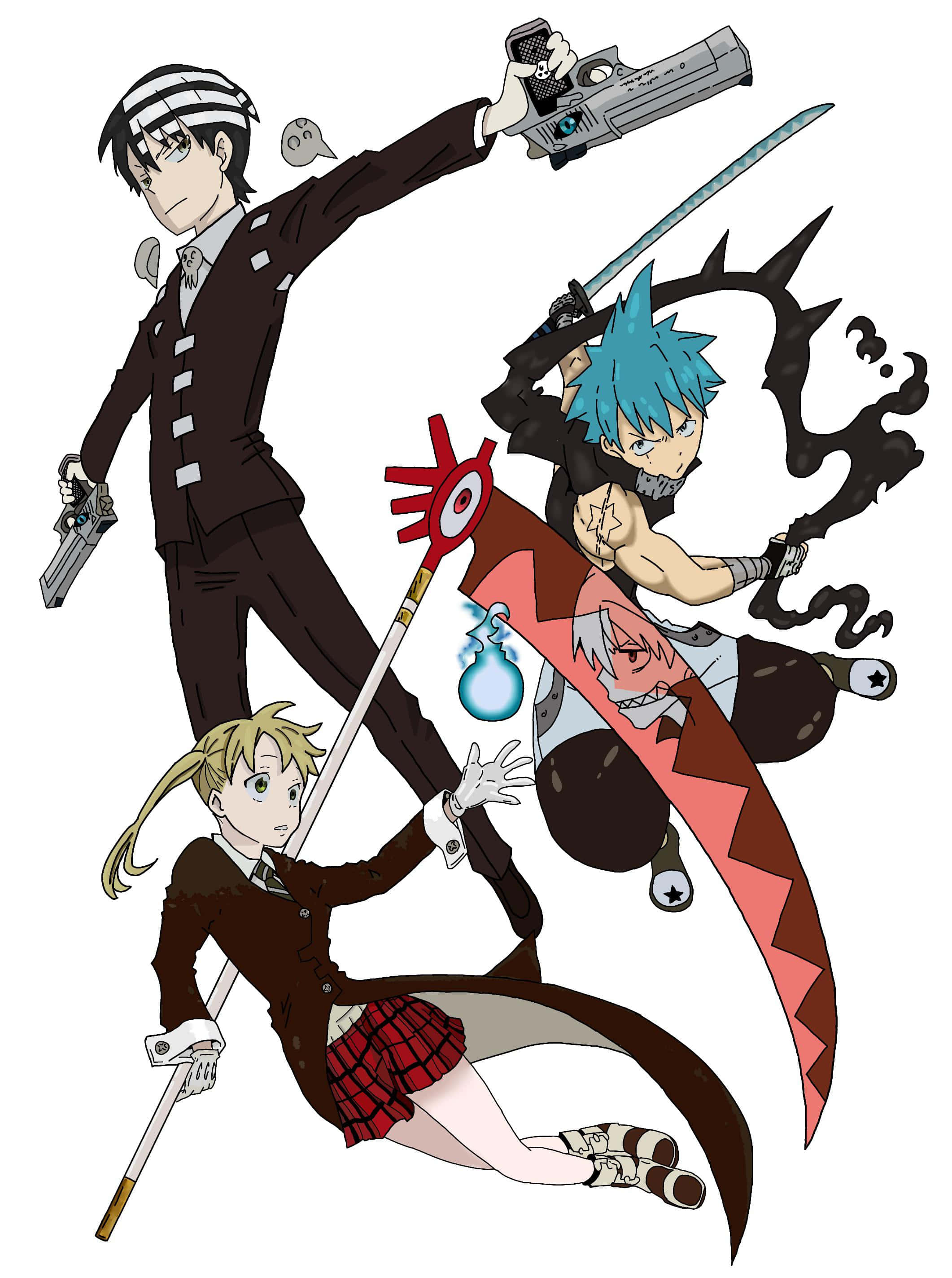 Soul Eater 桌布 壁紙 — 三個動漫角色以動態戰鬥姿勢揮舞獨特武器，背景為純白色。