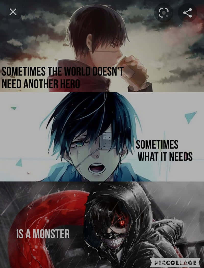 Sad Anime Quotes 桌布 壁紙 — 三個動漫角色以戲劇性的姿勢，在暴風雨和下雨的背景上，帶有關於英雄和怪物的文字疊加。